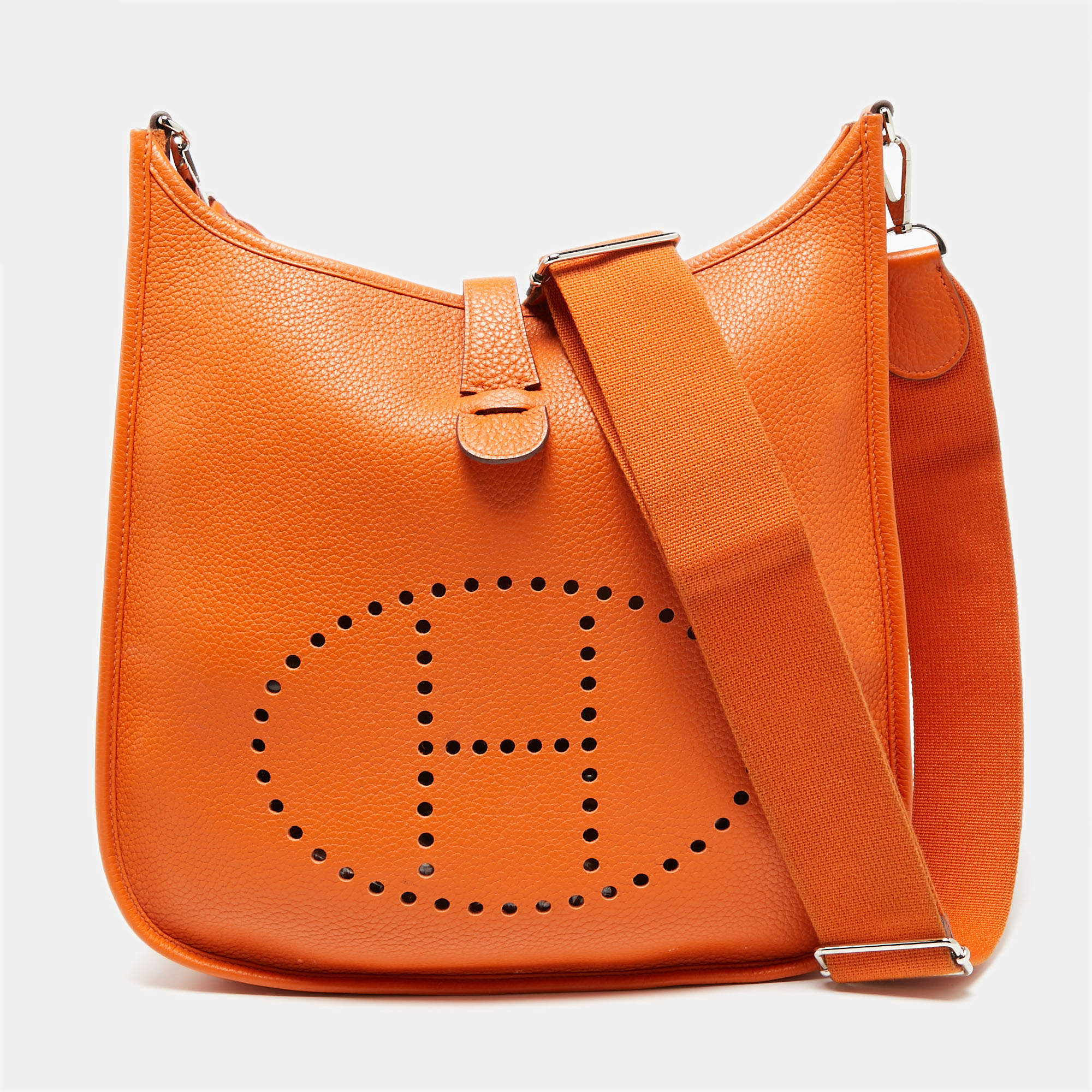 Pre Owned Hermes Orange Clemence Leather Evelyne III GM Bag