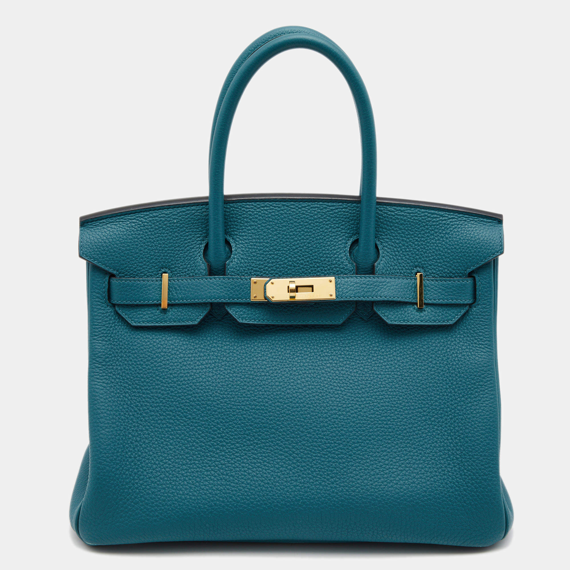Pre Owned Hermes Bleu de Galice Togo Leather Gold Finish Birkin 30 Bag