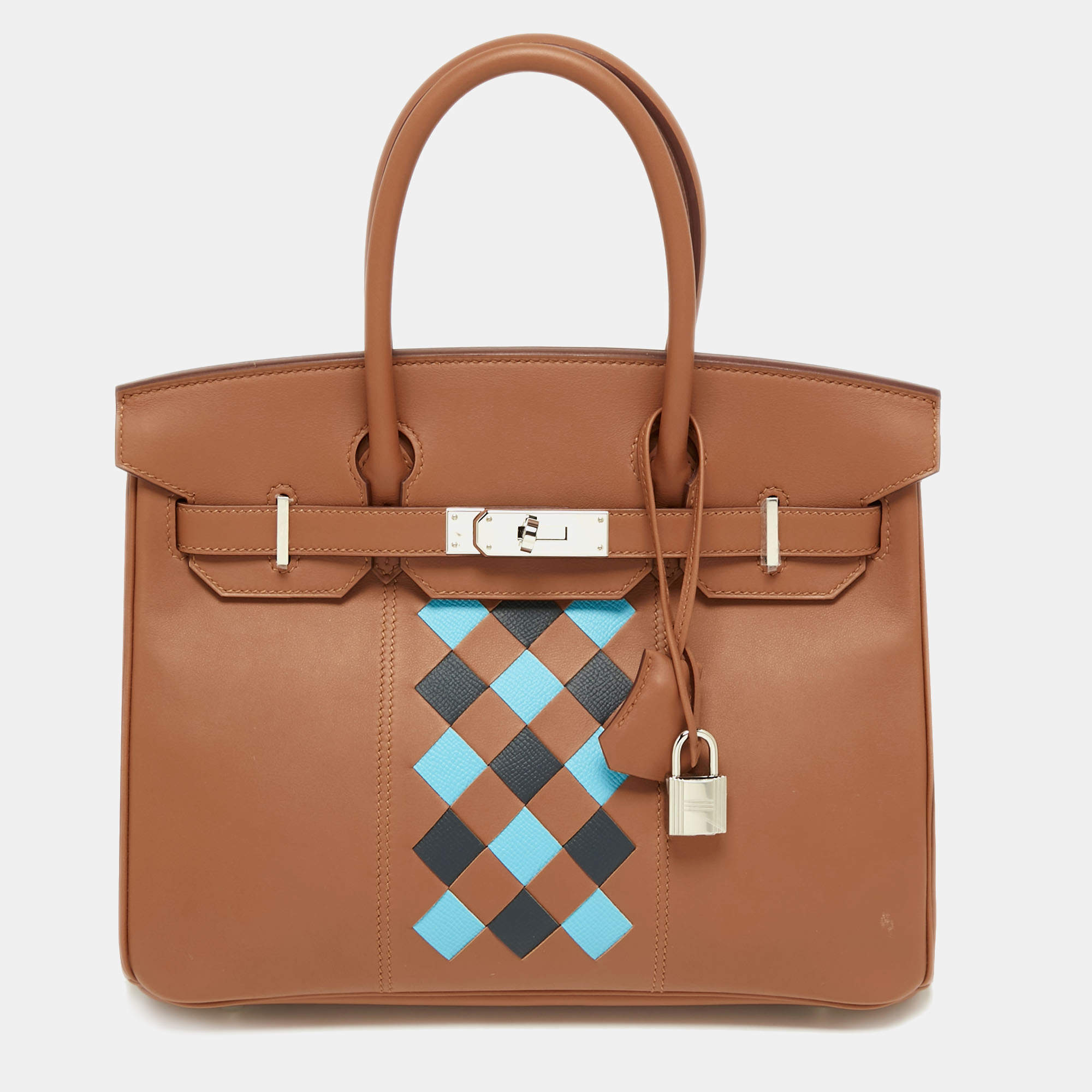 Hermes Gold/Bleu du Nord/ Bleu Indigo Epsom and Swift Leather Palladium Finish Birkin Tressage De Cuir 30 Bag