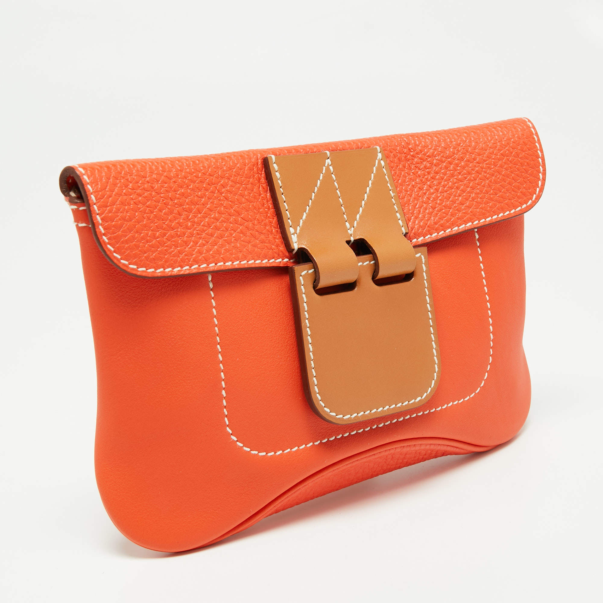 Hermes Orange Poppy Clemence and Swift Leather Virevolte Clutch