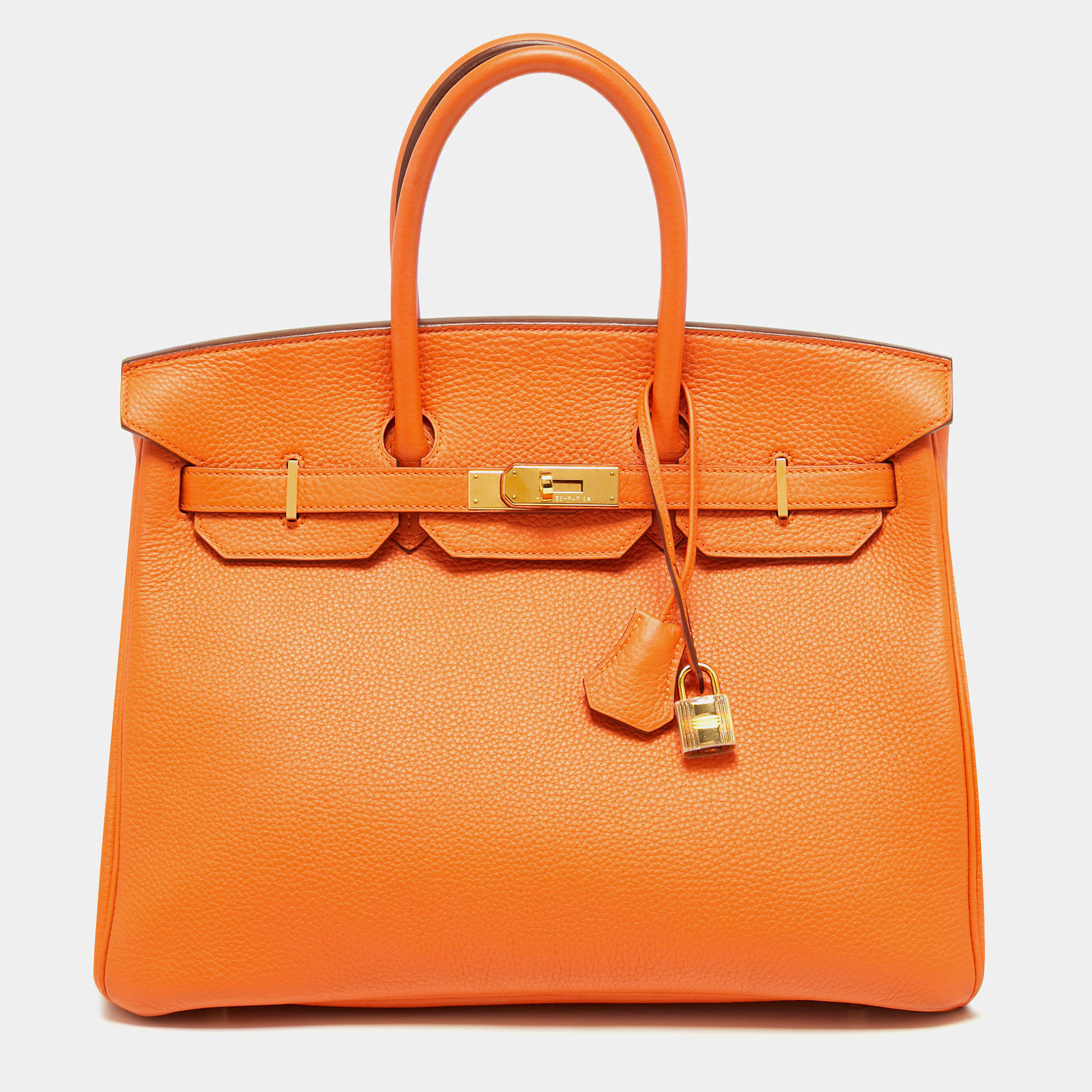Pre Owned Hermes Orange Togo Leather Gold Finish Birkin 35 Bag