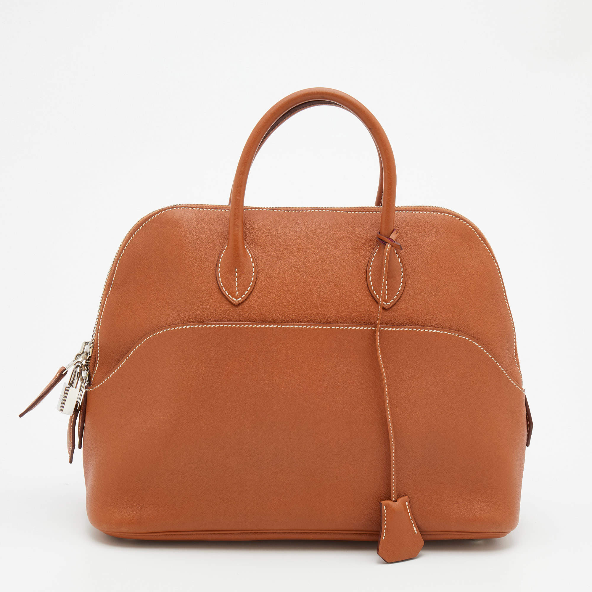 Pre Owned Hermès Gold Swift Leather Palladium Plated Web Bolide 1923 Bag