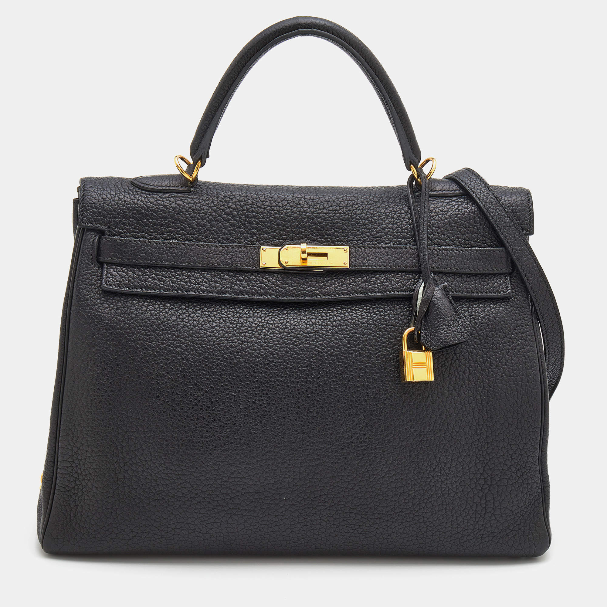 Pre Owned Hermes Black Fjord Leather Gold Finished Kelly Retourne 35 Bag