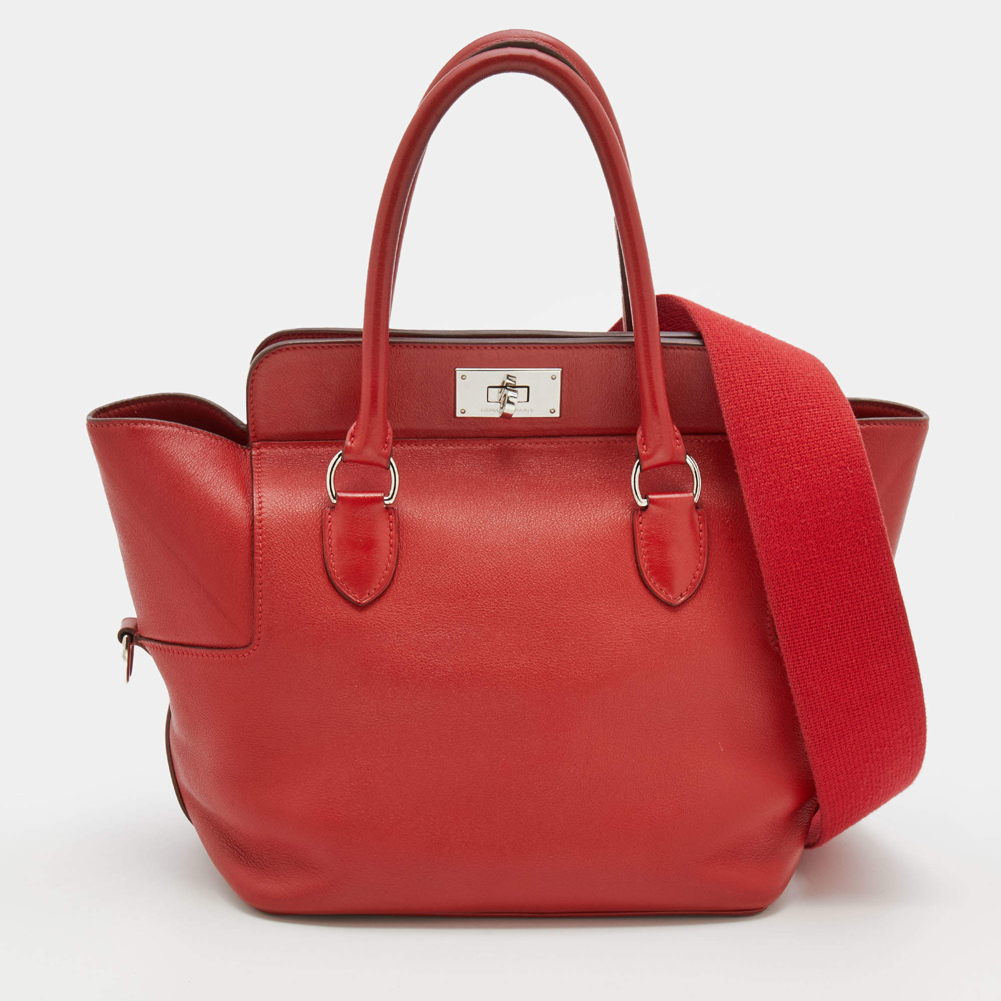 Pre Owned Hermes Rouge Tomate Swift Leather Palladium Plated Toolbox 20 Bag