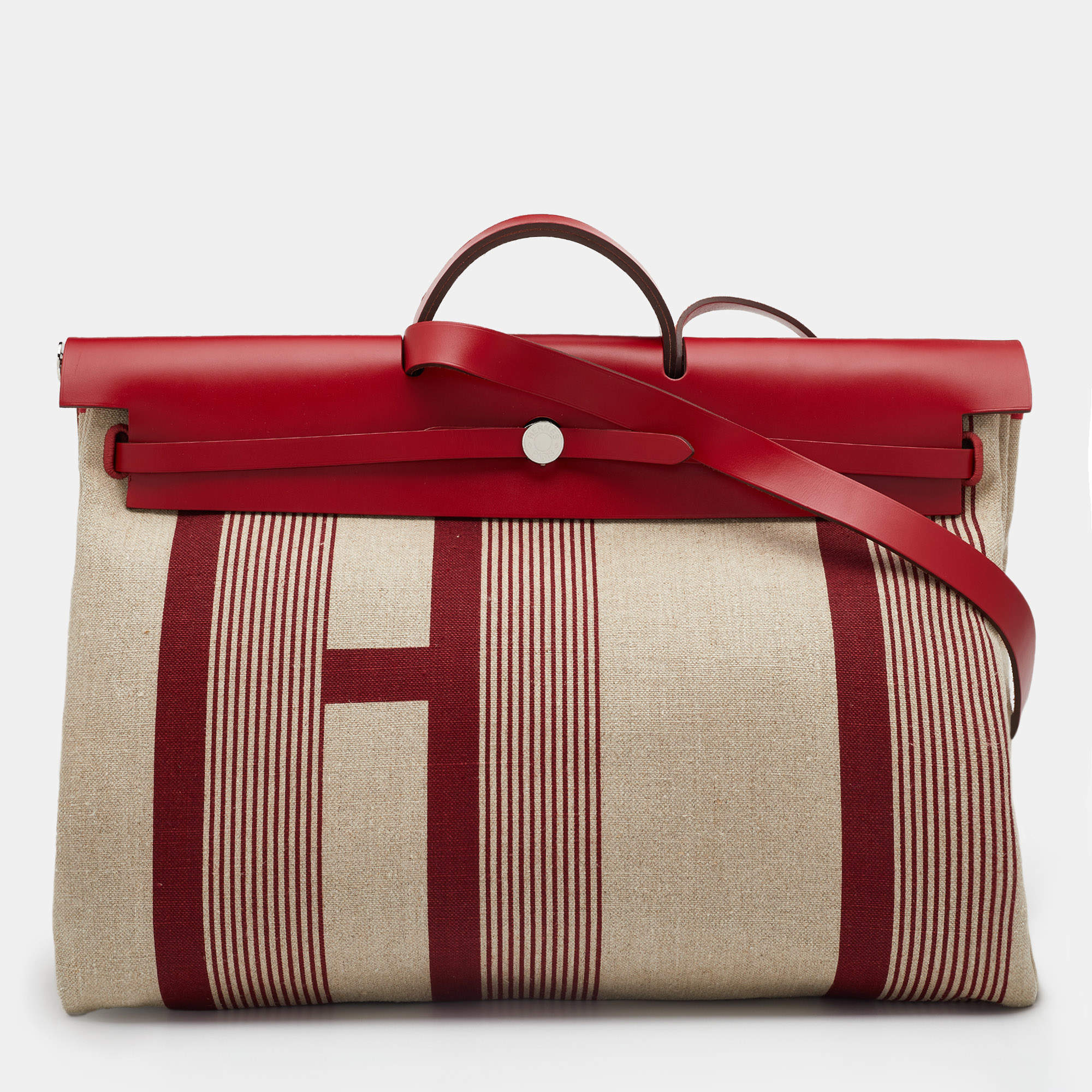 Pre Owned Hermes Beige/Red H Vibration Canvas and Leather Herbag Zip 50 Bag