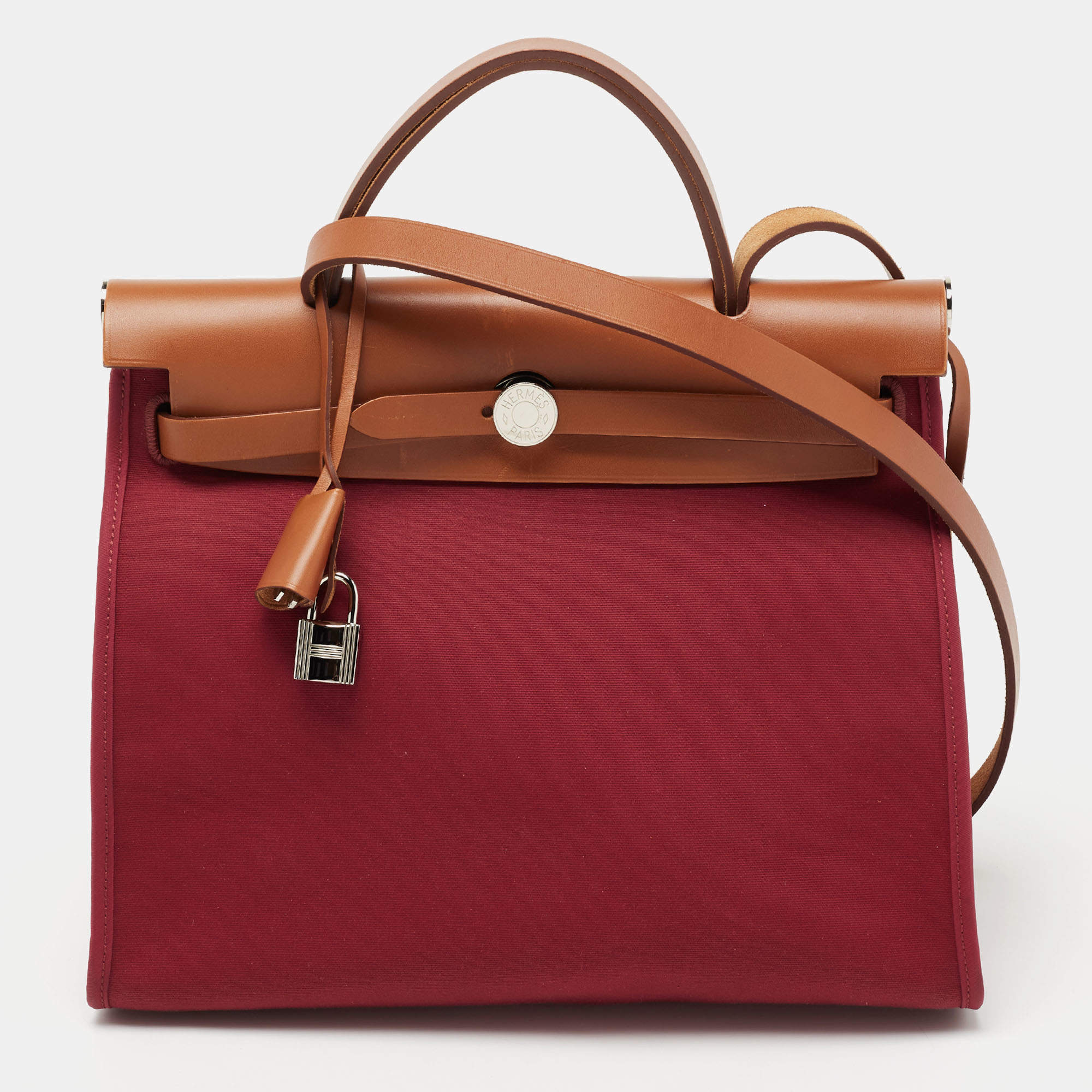 Pre Owned Hermes Ruby/Fauve Canvas and Leather Herbag Zip 31 Bag