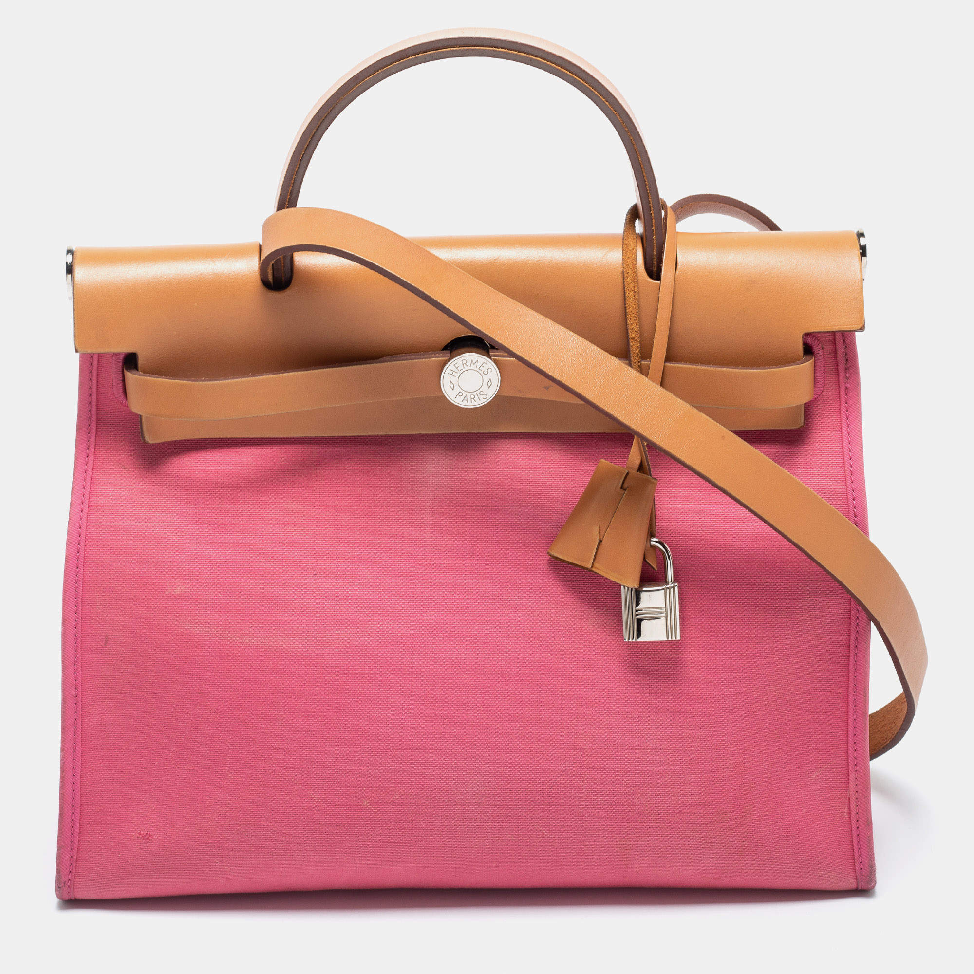 Pre Owned Hermes Rose Lipstick/Natural Canvas and Leather Herbag Zip 31 Bag