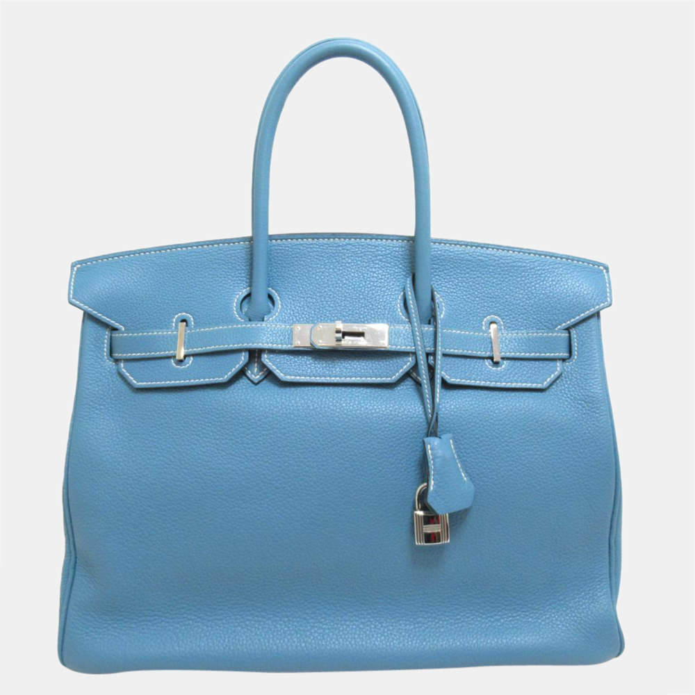 مملوكة مسبقًا Hermes Blue Taurillon Clemence Leather Palladium Hardware Birkin 35 Bag 