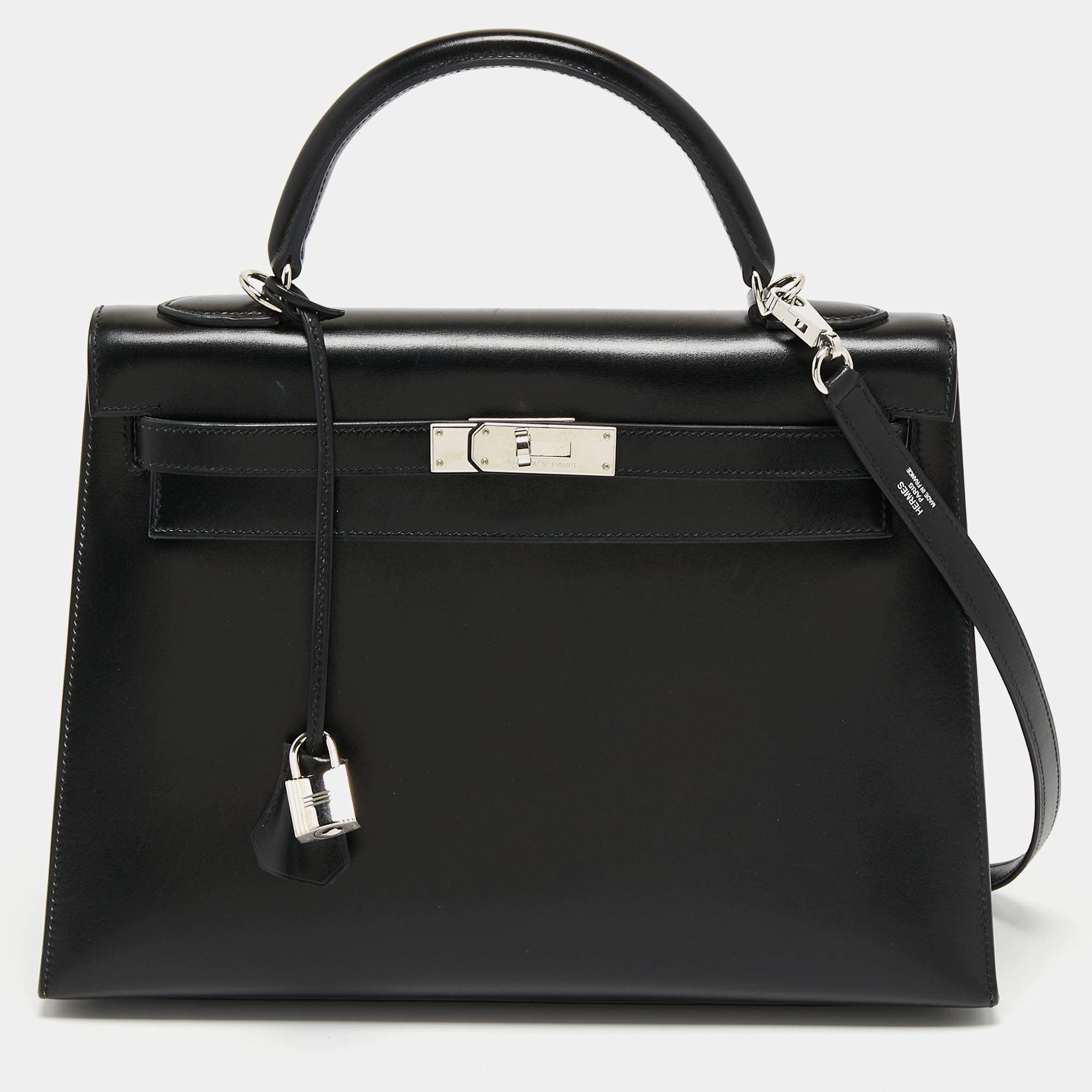 Pre Owned Hermes Black Box Leather Palladium Finish Kelly Sellier 32 Bag