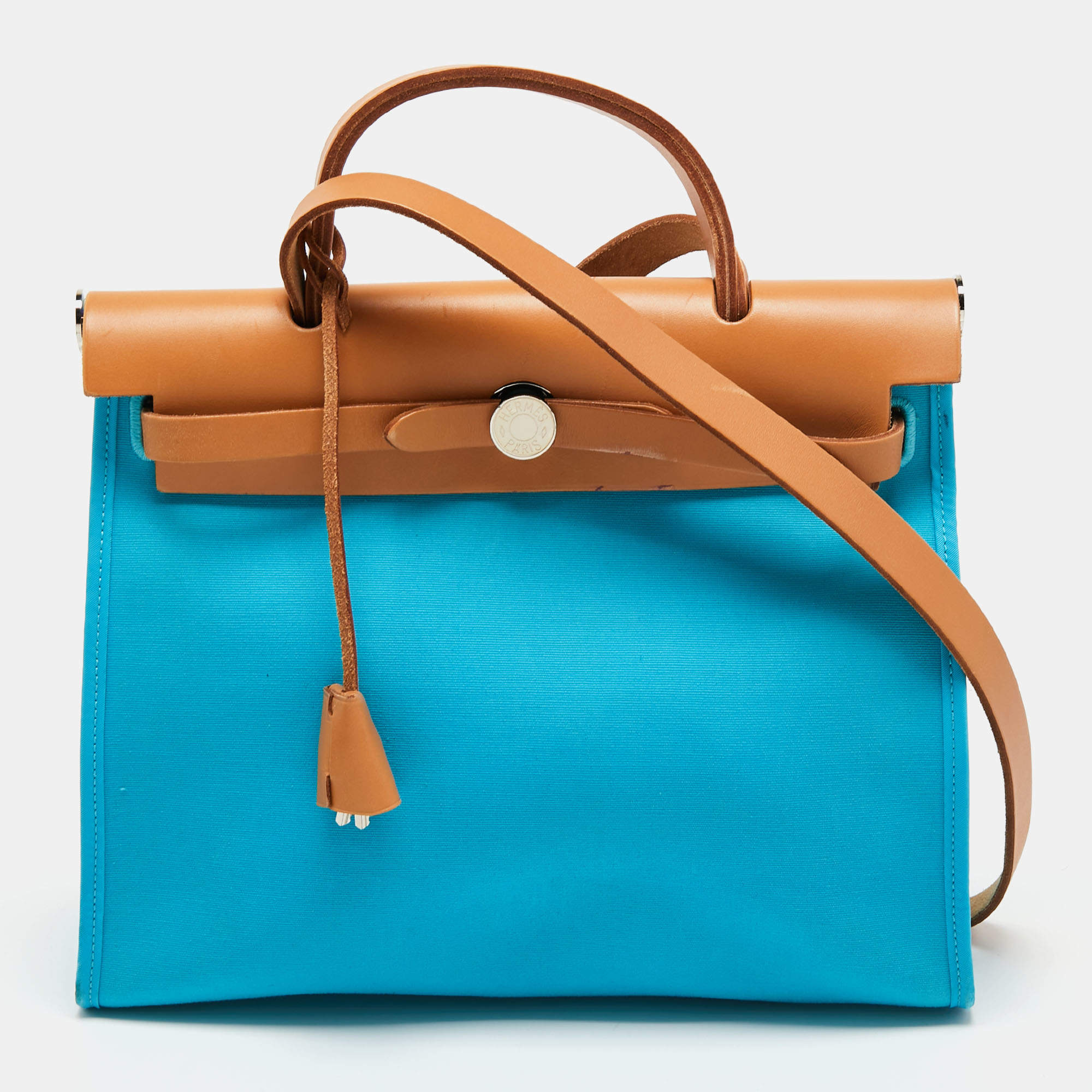 Pre Owned Hermes Celeste/Natural Canvas and Leather Herbag Zip 31 Bag