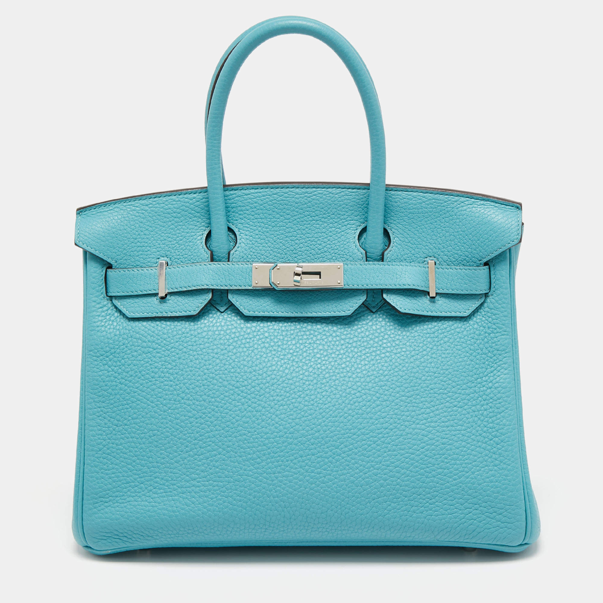 Hermes Blue Saint Cyr Taurillon Clemence Leather Palladium Finish Birkin 30 Bag