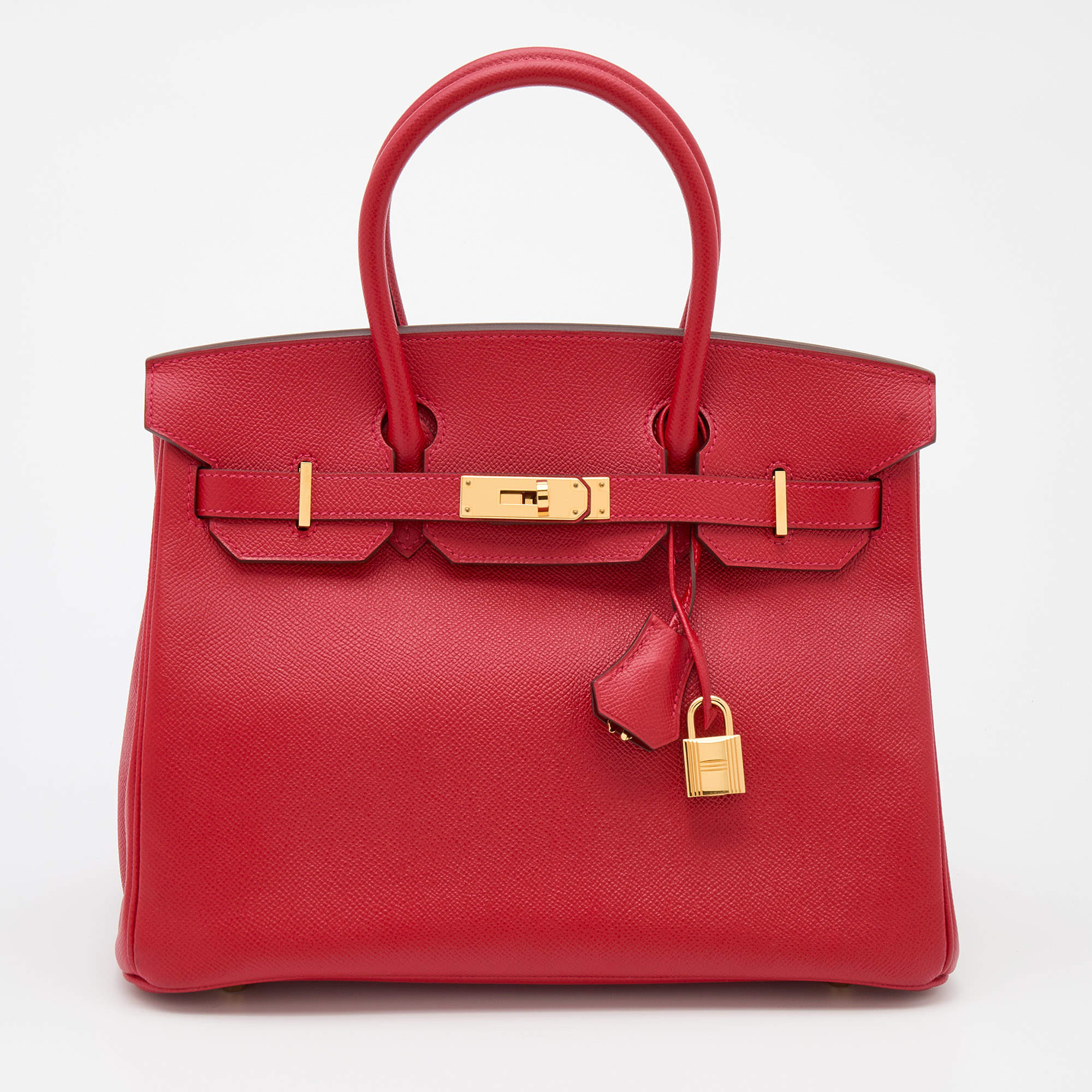 Pre Owned Hermes Rouge Casaque Veau Epsom Leather Gold Finish Birkin 30 Bag