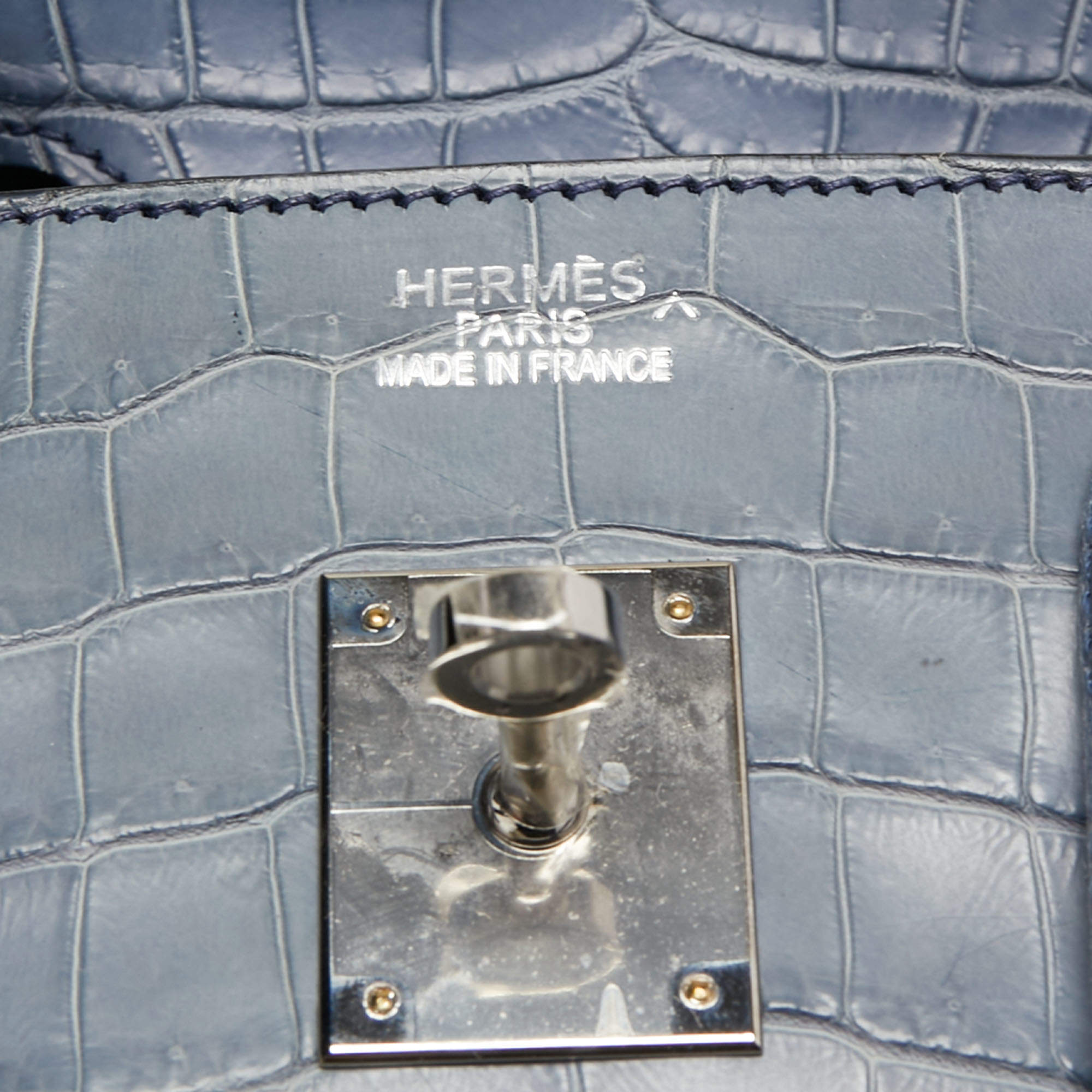 Hermes Blue Brighton Porosus Crocodile Palladium Finish Birkin 35 Bag Hermes