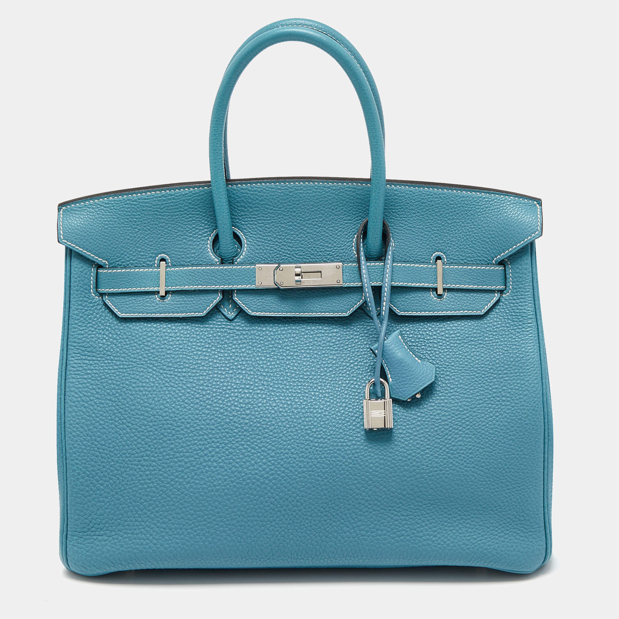 Pre Owned Hermes Blue Jean Epsom Leather Palladium Finish Birkin 35 Bag