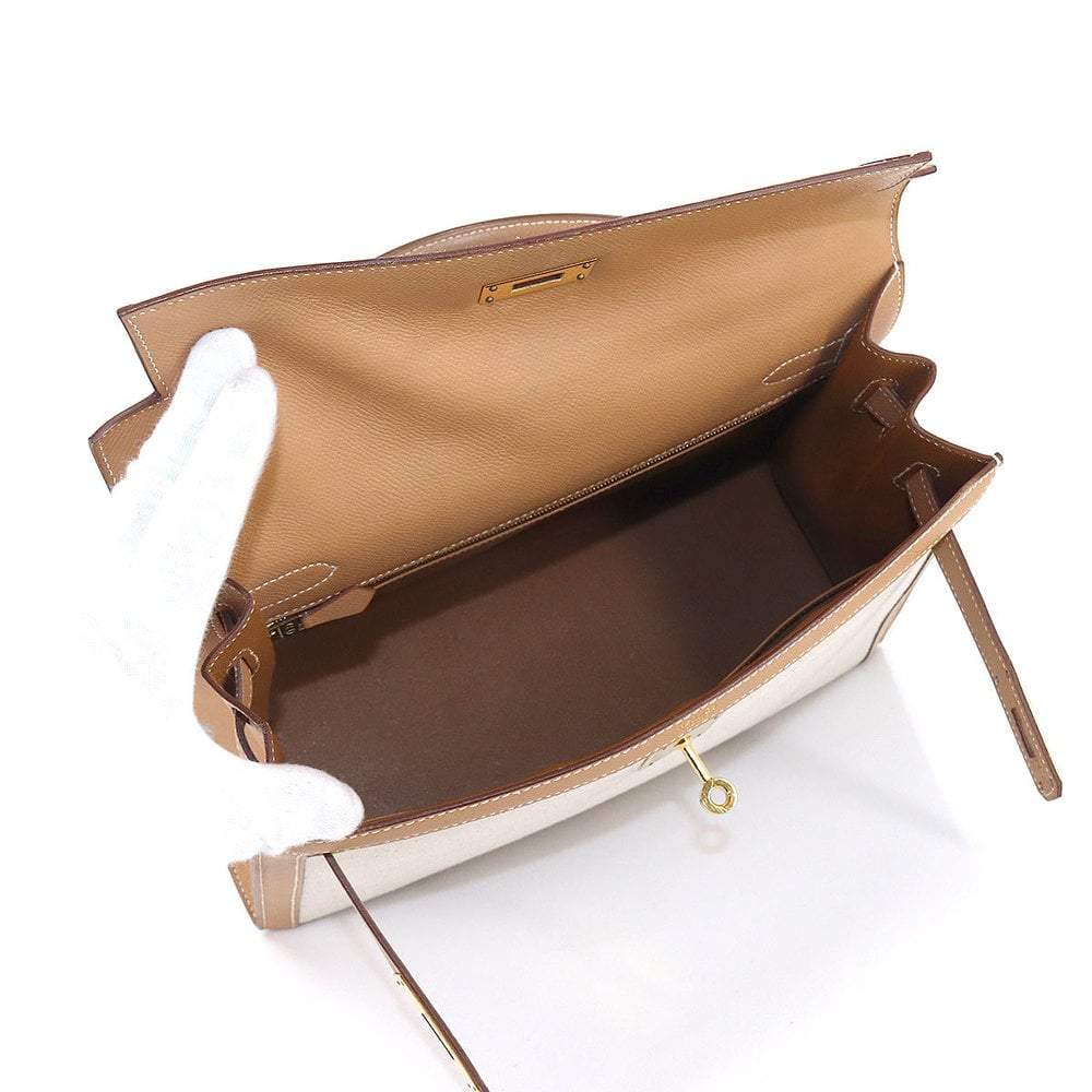 Hermes Kelly 32 2way hand shoulder bag toile ash Couchbel natural Y stamped outside sewing gold metal fittings Hermes Kelly 32 2way hand shoulder bag toile ash Couchbel natural Y stamped outside sewing gold metal fittings