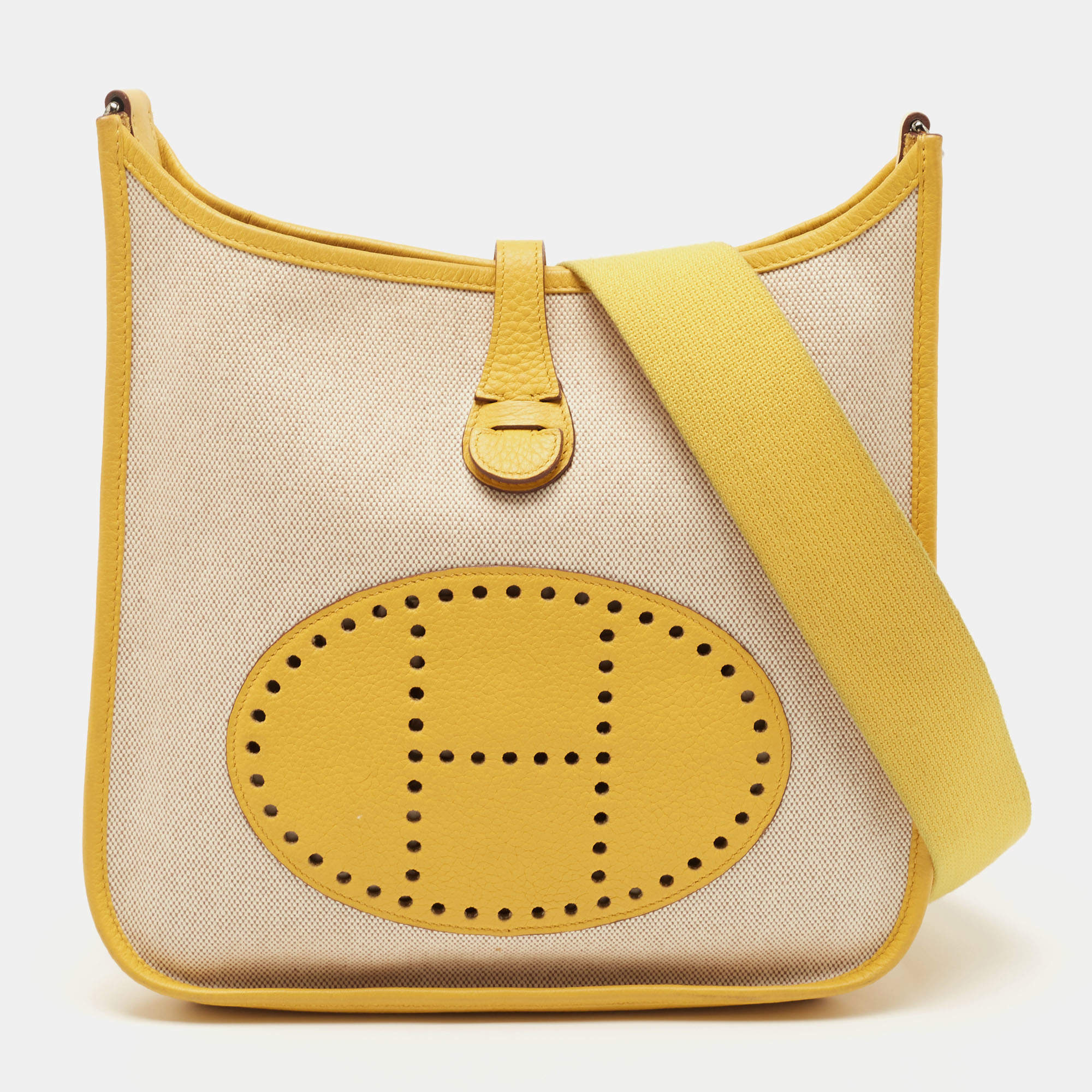 Pre Owned Hermes Soleil/Beige Canvas and Clemence Leather Evelyne I PM Bag