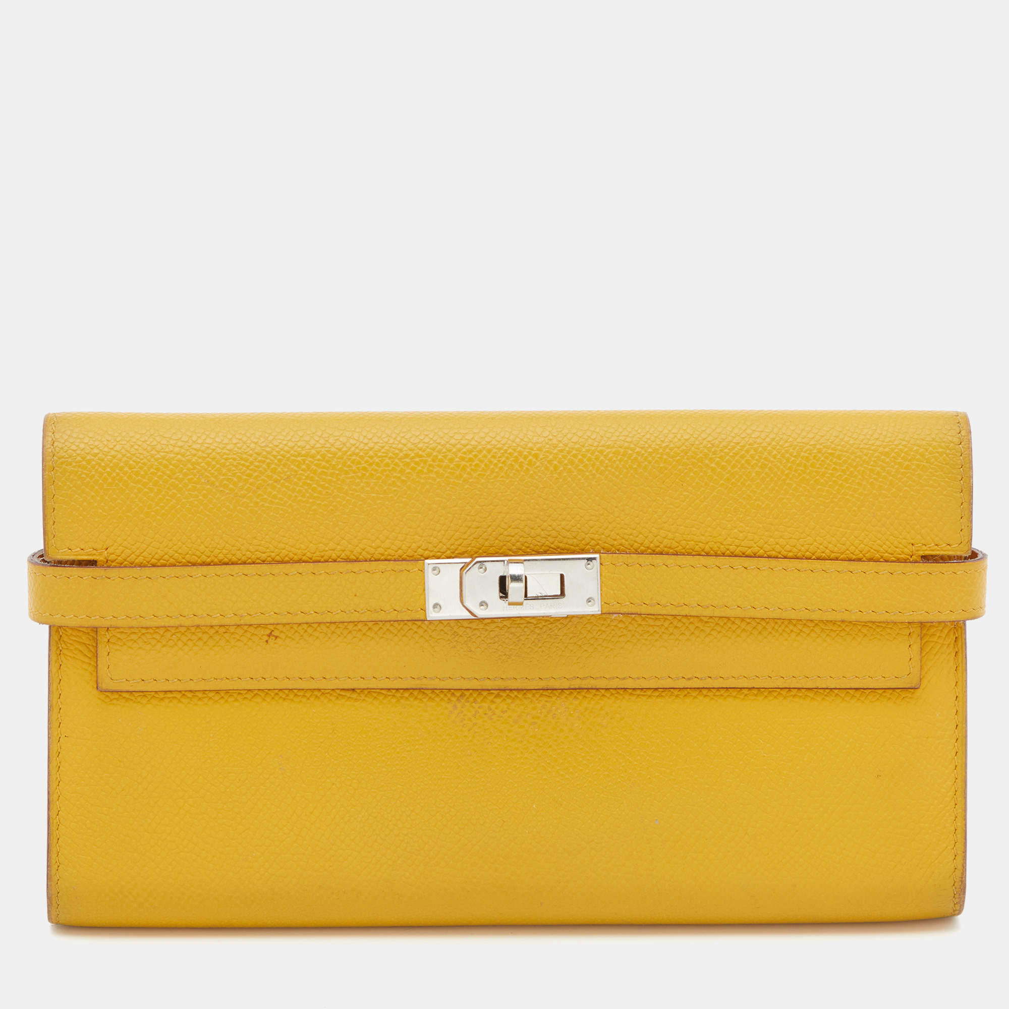 Hermes Jaune d'or Epsom Leather Palladium Finish Kelly Wallet