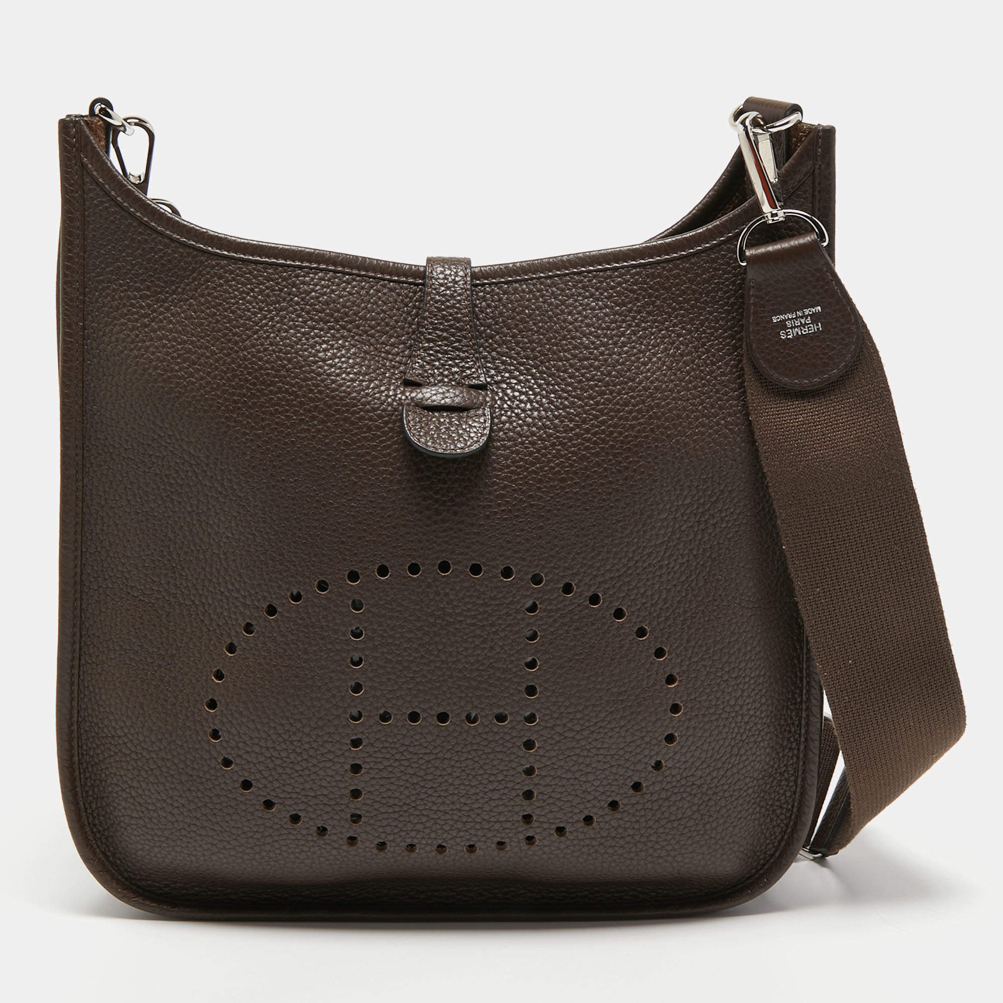 Hermes Chocolat Togo Leather Evelyne III PM Bag