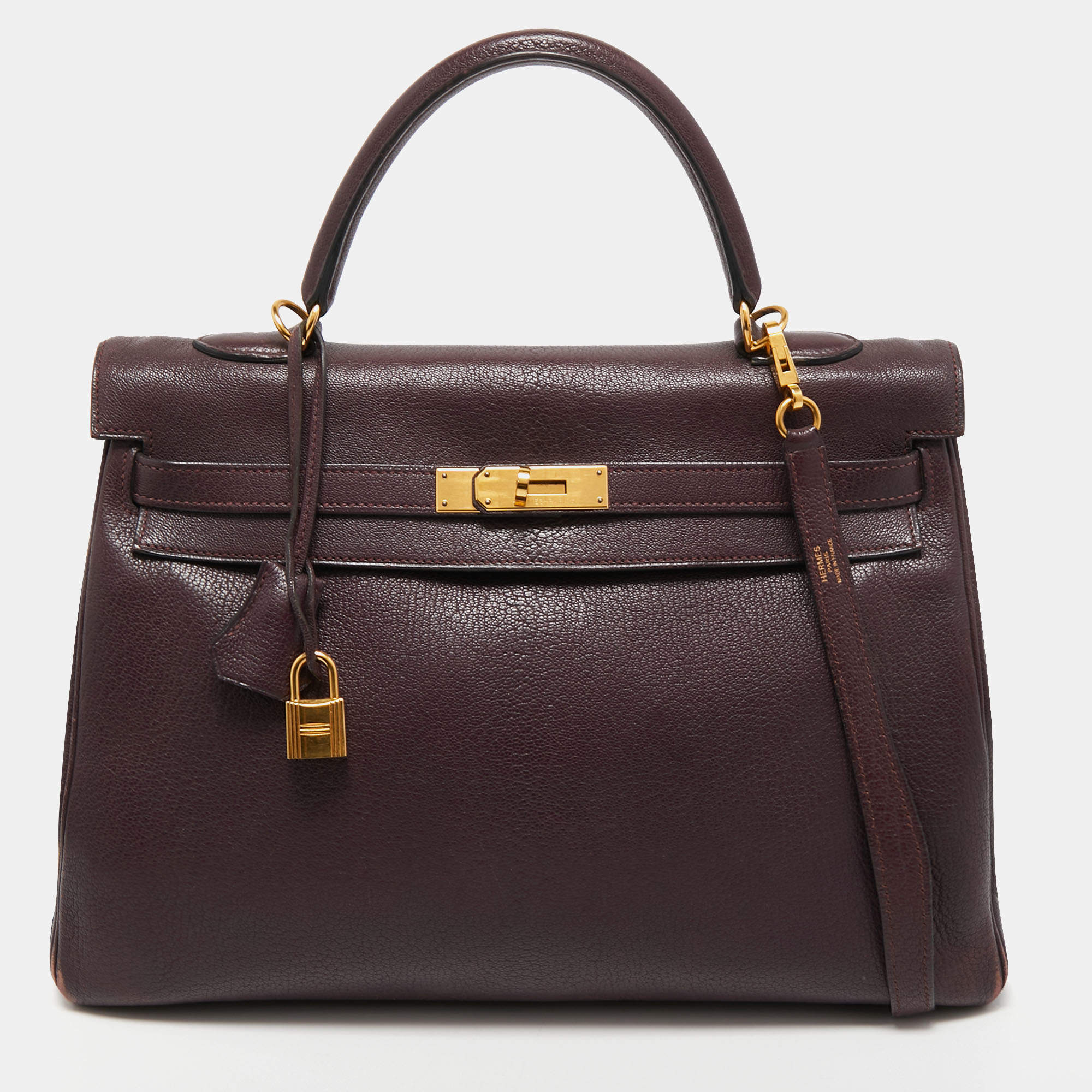 Pre Owned Hermès  Prune Chevre De Coromandel Leather Gold Finish Kelly Retourne 35 Bag