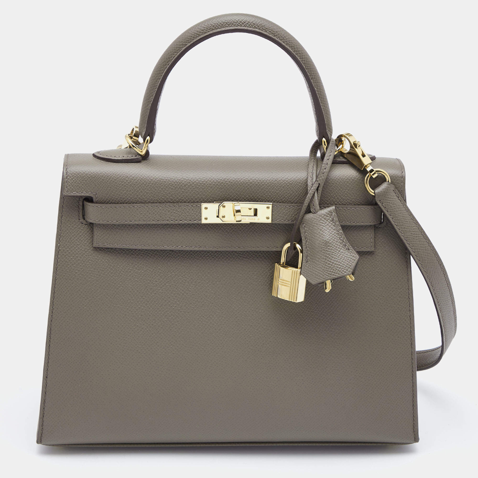 Pre Owned Hermes Etain Epsom Leather Gold Finish Kelly Sellier 25 Bag