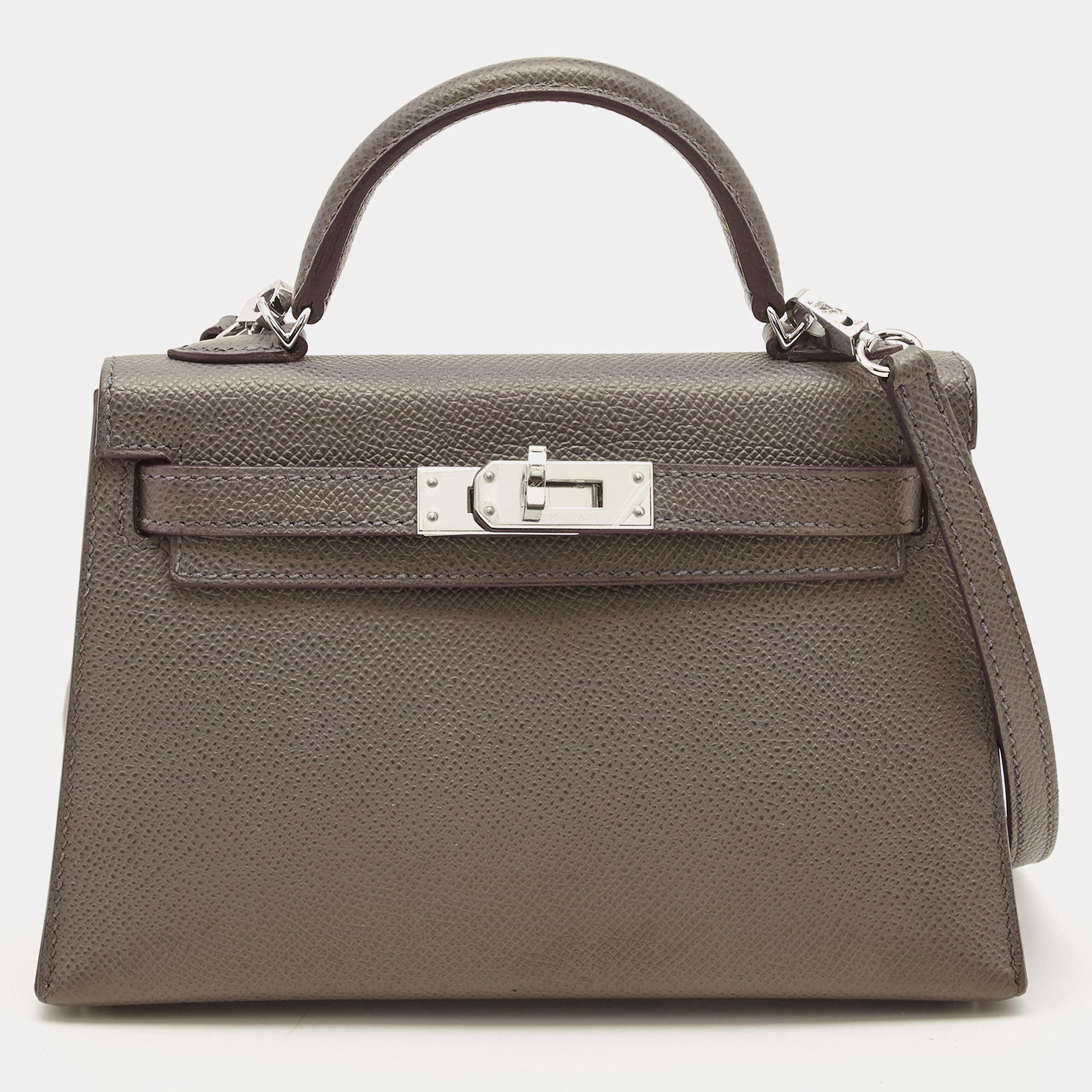 Pre Owned Hermès Etain Epsom Leather Palladium Finish Mini Kelly II Sellier 20 Bag