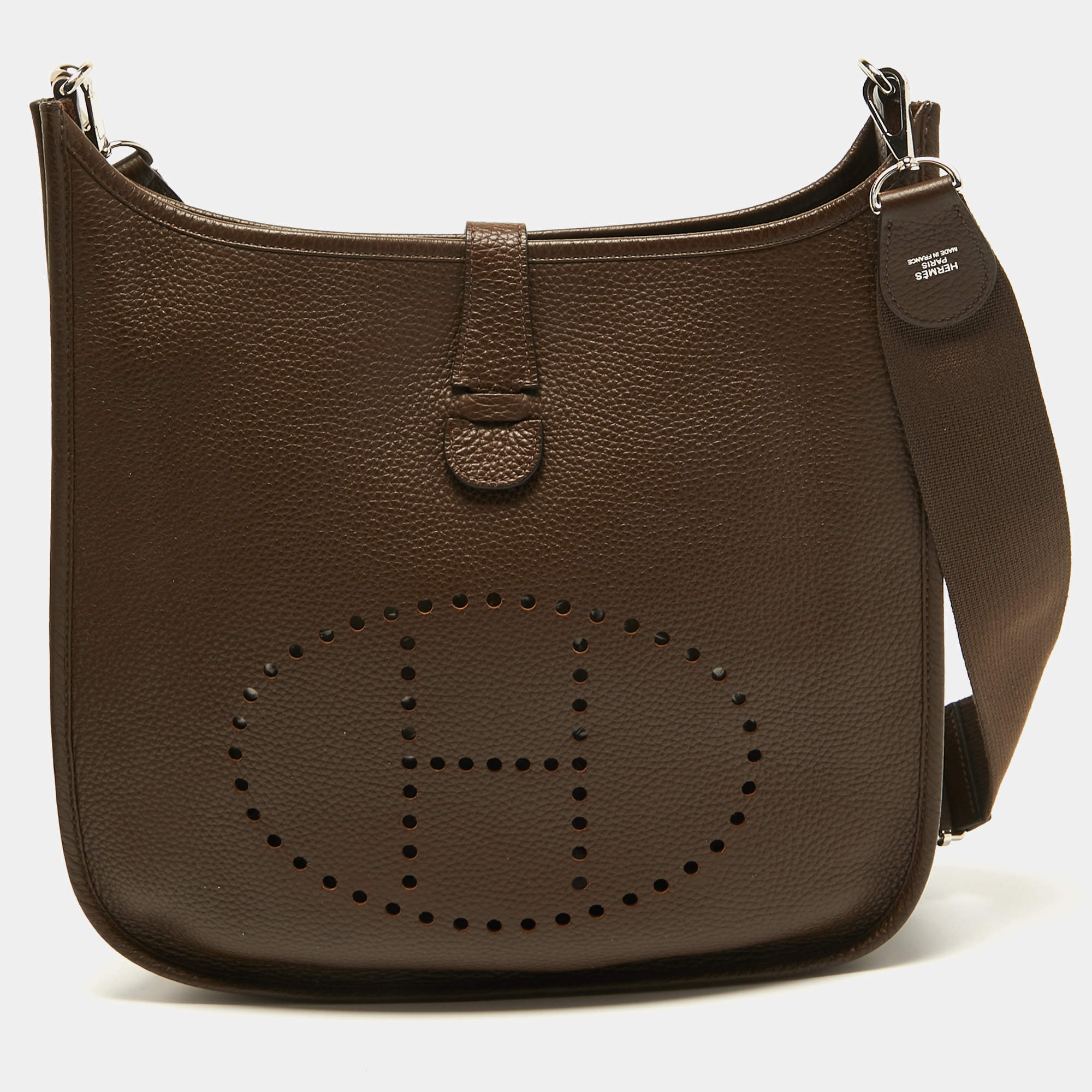 Hermes Chocolat Clemence Leather Evelyne III GM Bag