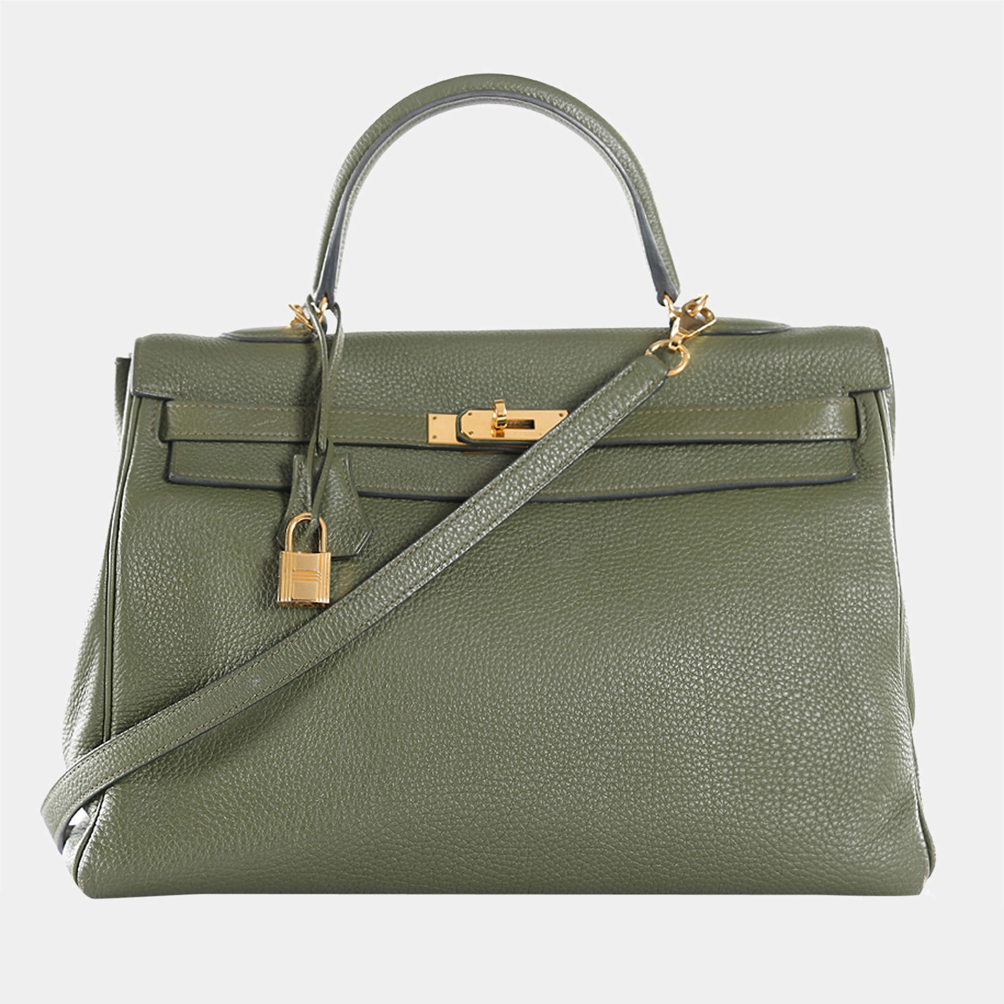 Hermes Olive Green Clemence Leather Gold Hardware Kelly Retourne 35 Bag 