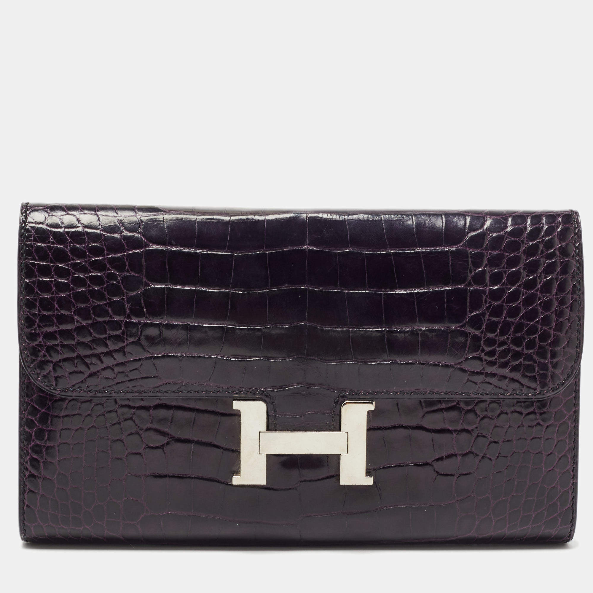 Pre Owned Hermes Aubergine Crocodile Palladium Finish Constance Long Wallet
