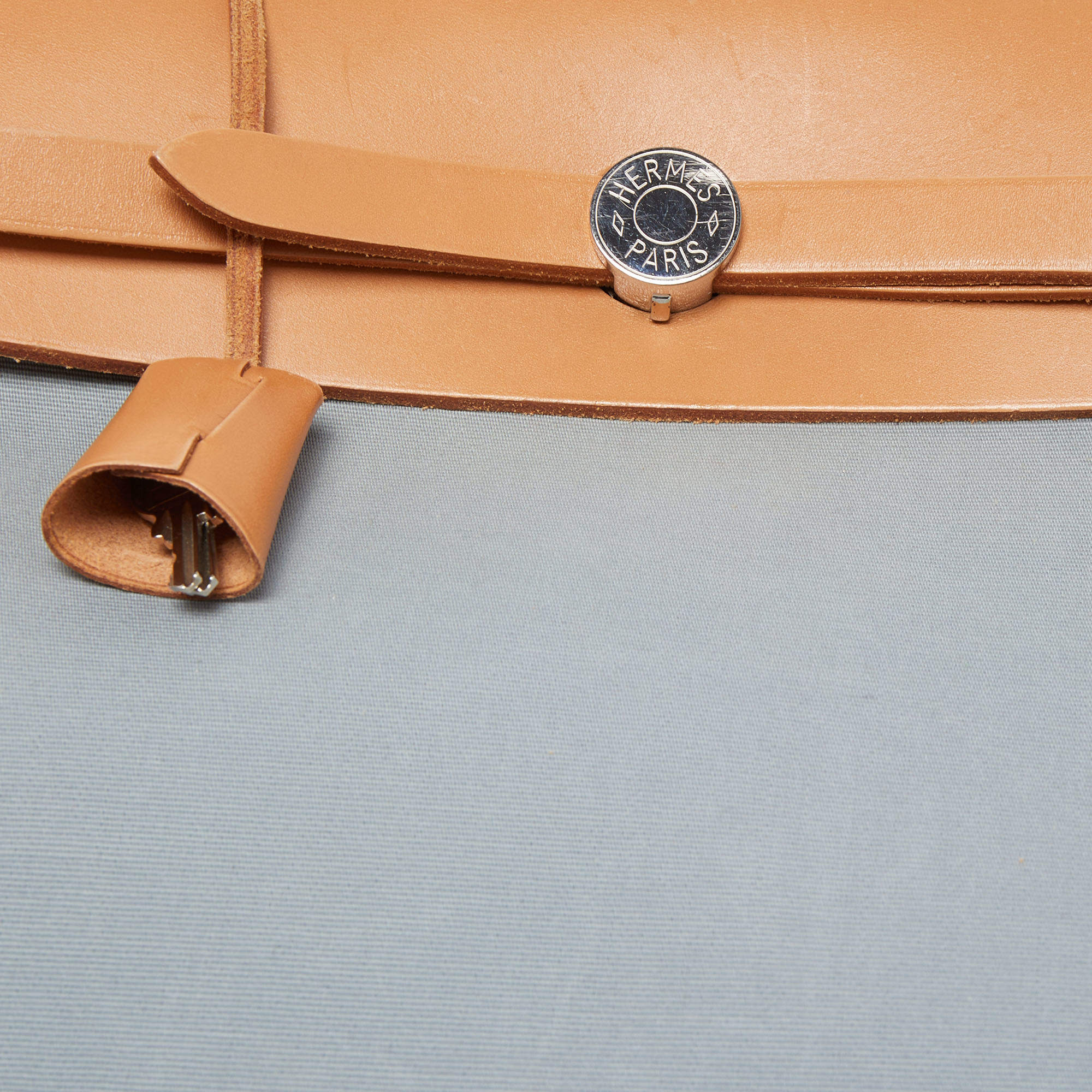 Hermes 31cm Bleu Lin Canvas and Natural Calfskin Leather Herbag