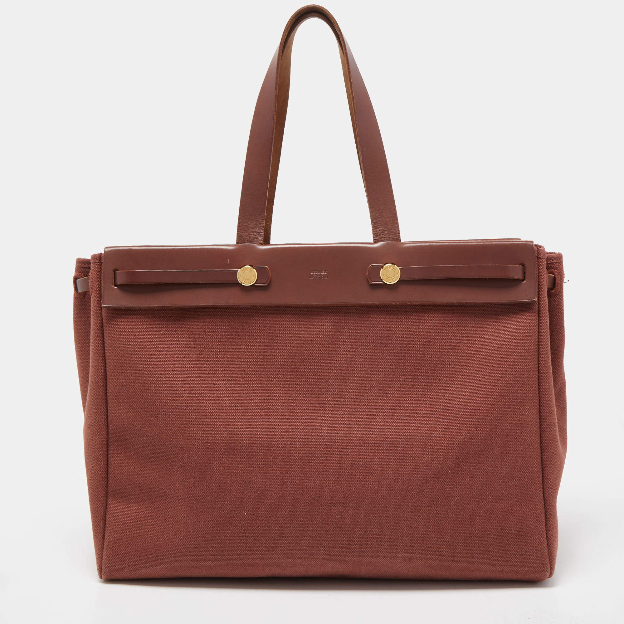 Pre Owned Hermes Maroon Vache Leather and Canvas Herbag Cabas MM Tote