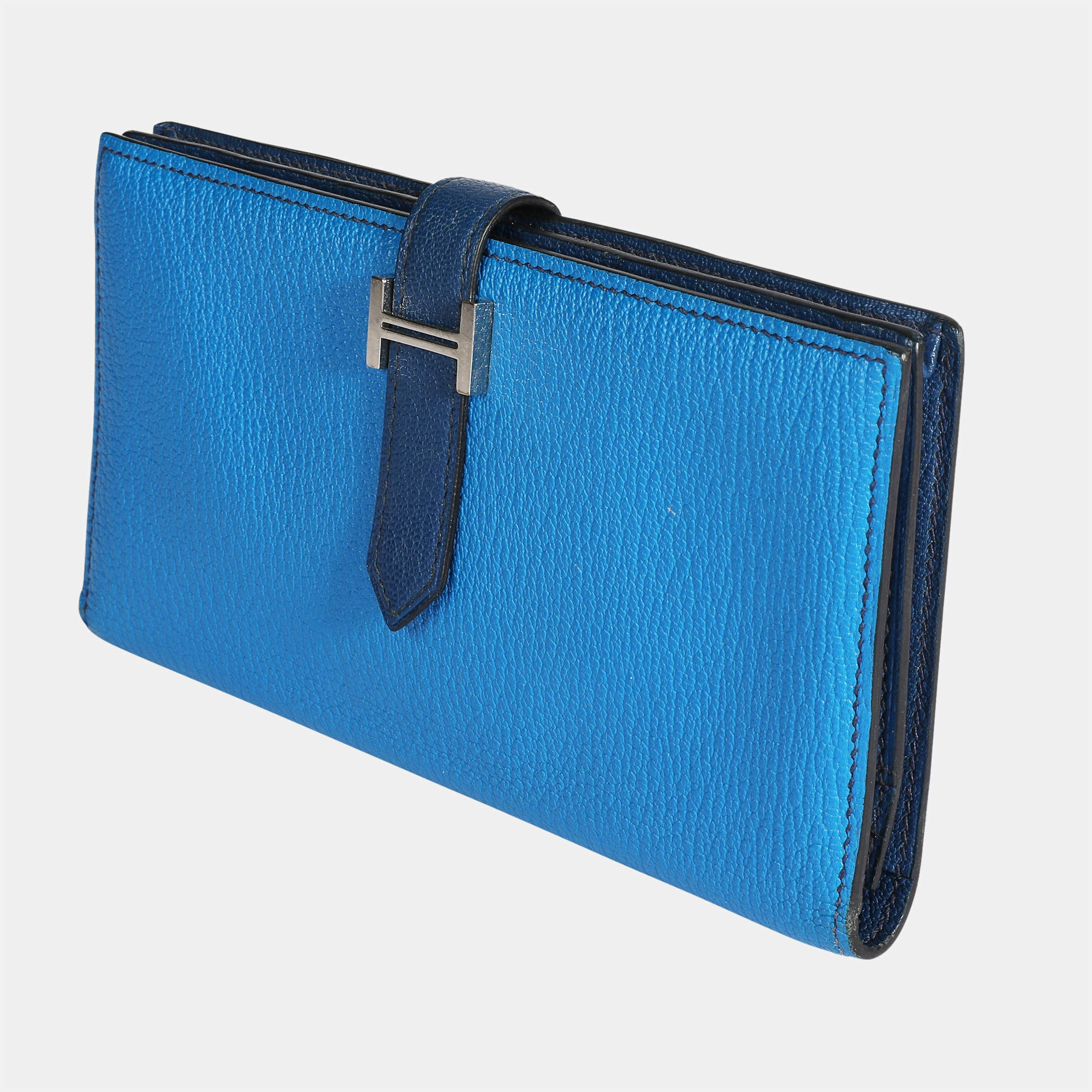 Hermes Calvi Duo Veau Epsom Card Holder Wallet Blue Silver Celeste