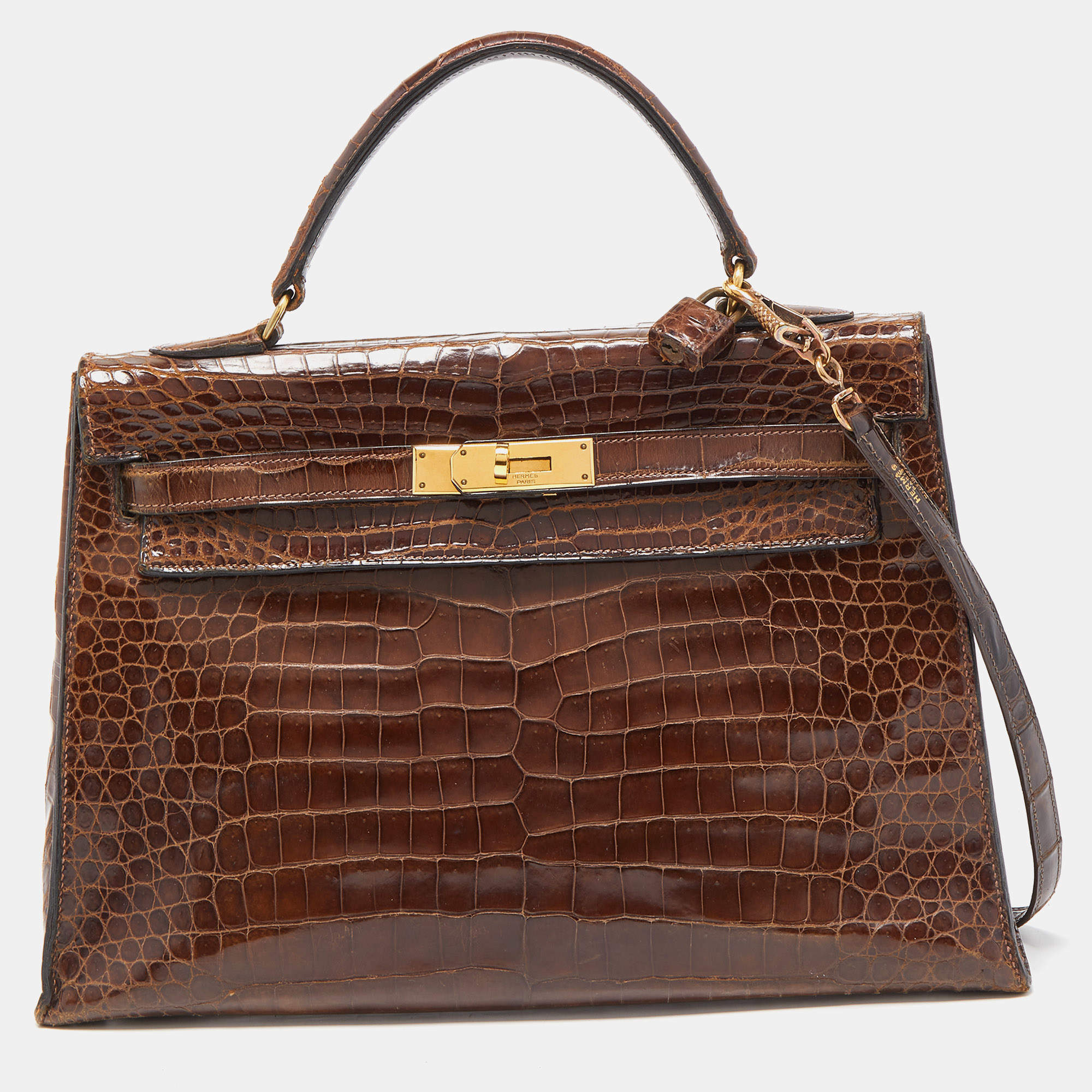 Hermes Miel Porosus Crocodile Gold Finish Kelly Sellier 32 Bag