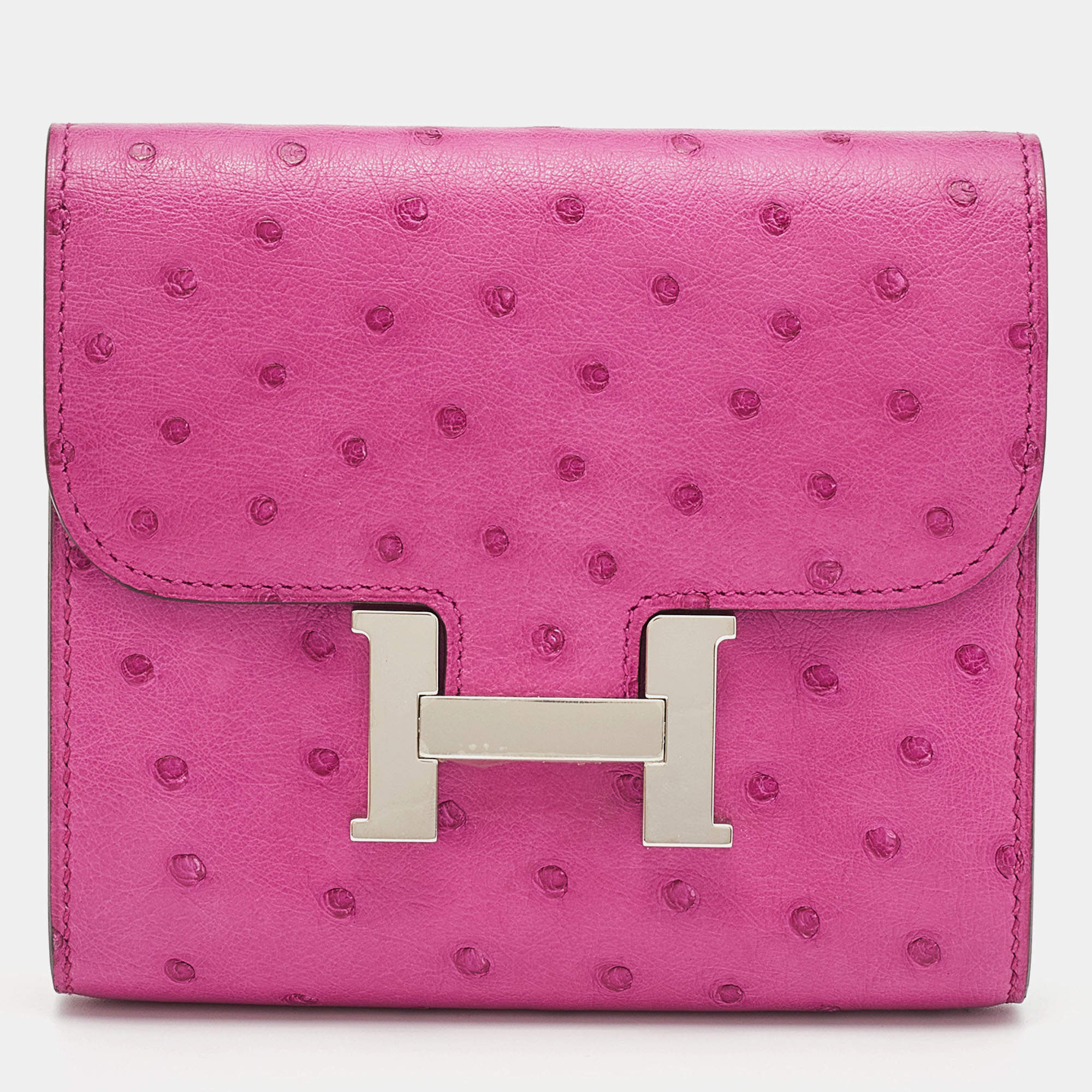 Pre Owned Hermes Rose Pourpre Ostrich Constance Compact Wallet