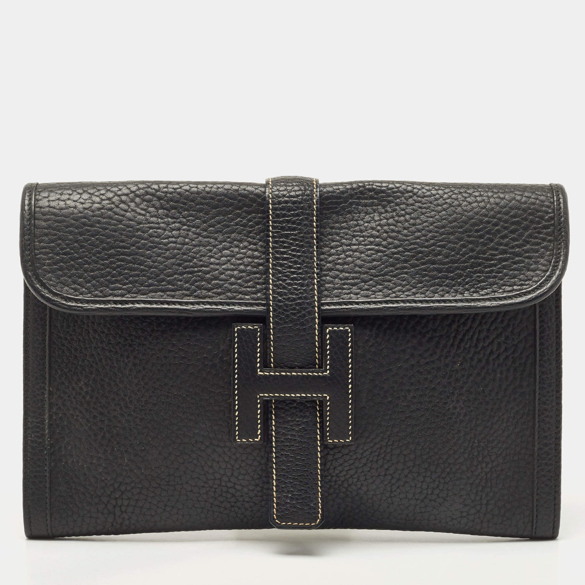 Pre Owned Hermes Black Fjord Leather Elan Jige 29 Clutch