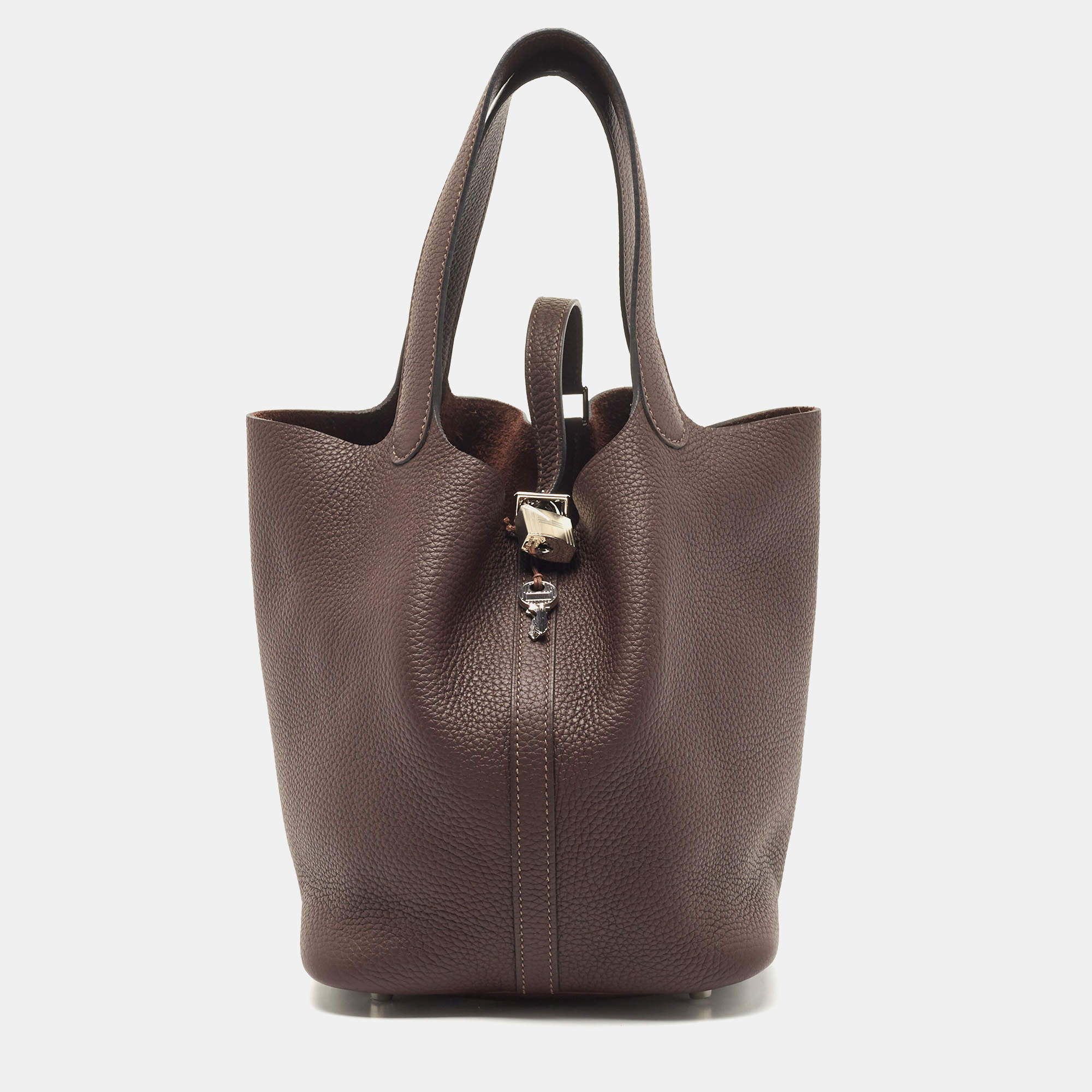 Hermes 22cm Bi-Color Toffee/Bordeaux Clemence and Swift Leather Palladium  Plated Picotin Bag - Yoogi's Closet