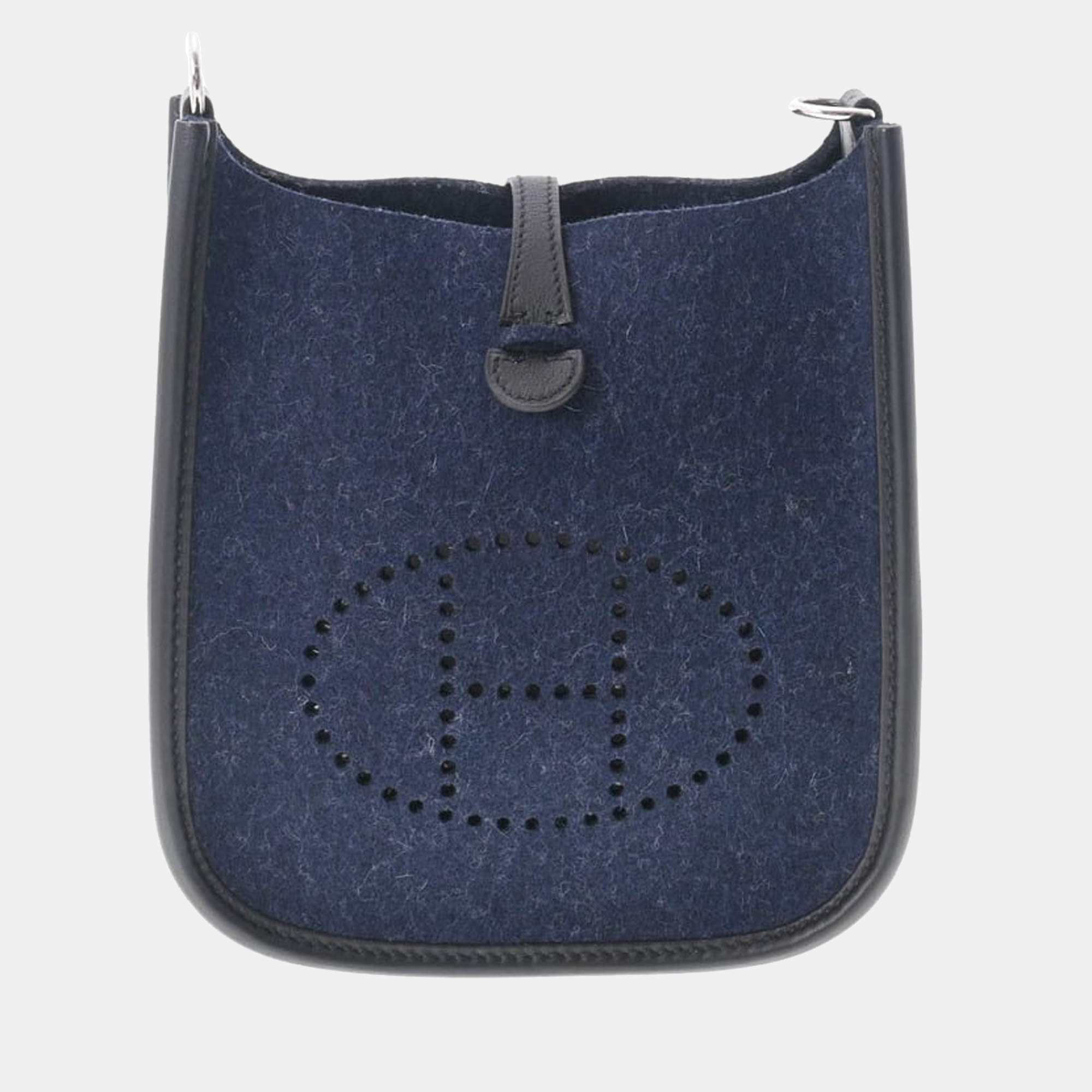 Hermes Evelyne Bag Clemence Leather Palladium Hardware In Navy Blue