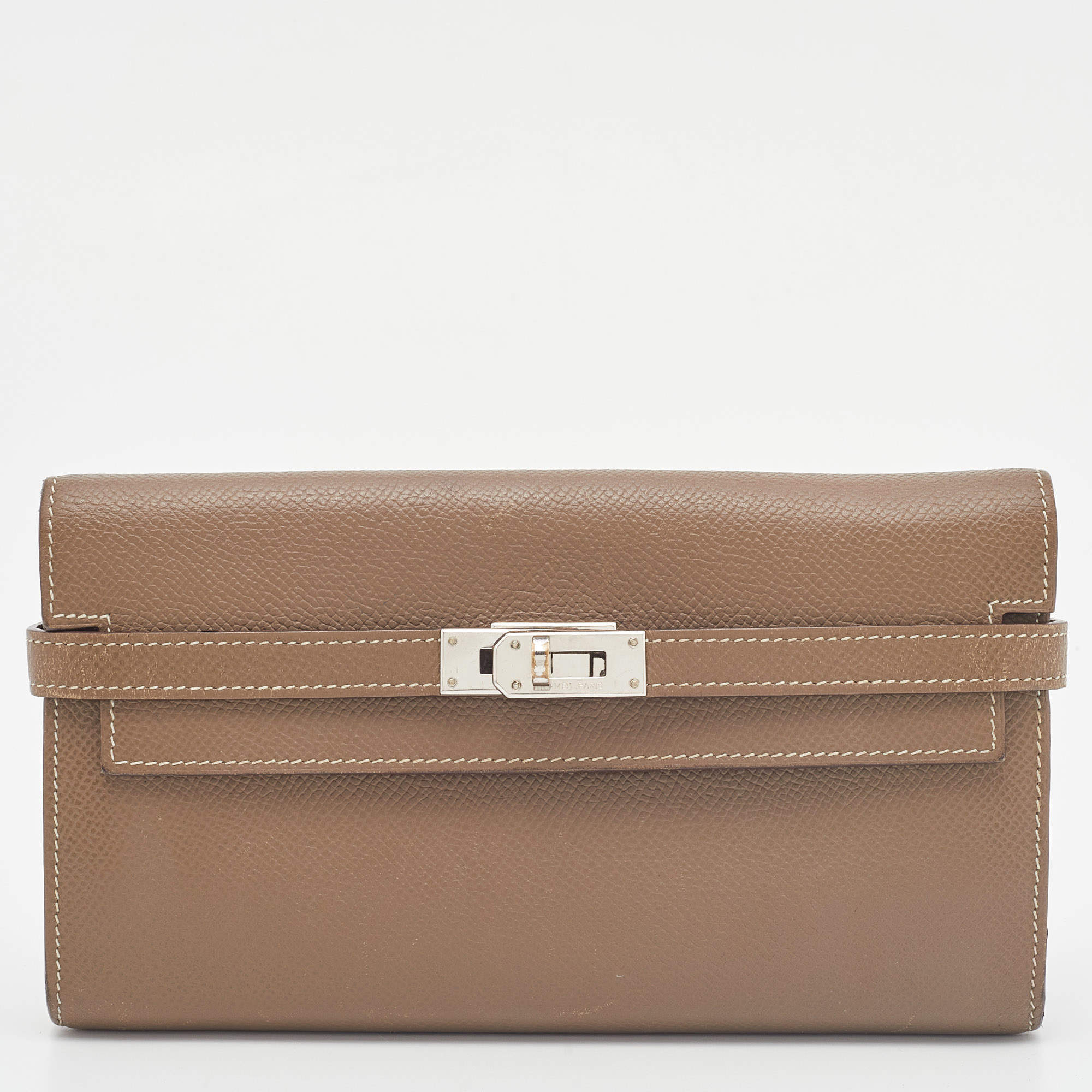 Hermes Etoupe Epsom/Cherve Leather Palladium Finish Kelly Wallet w/ Vision II Agenda Cover