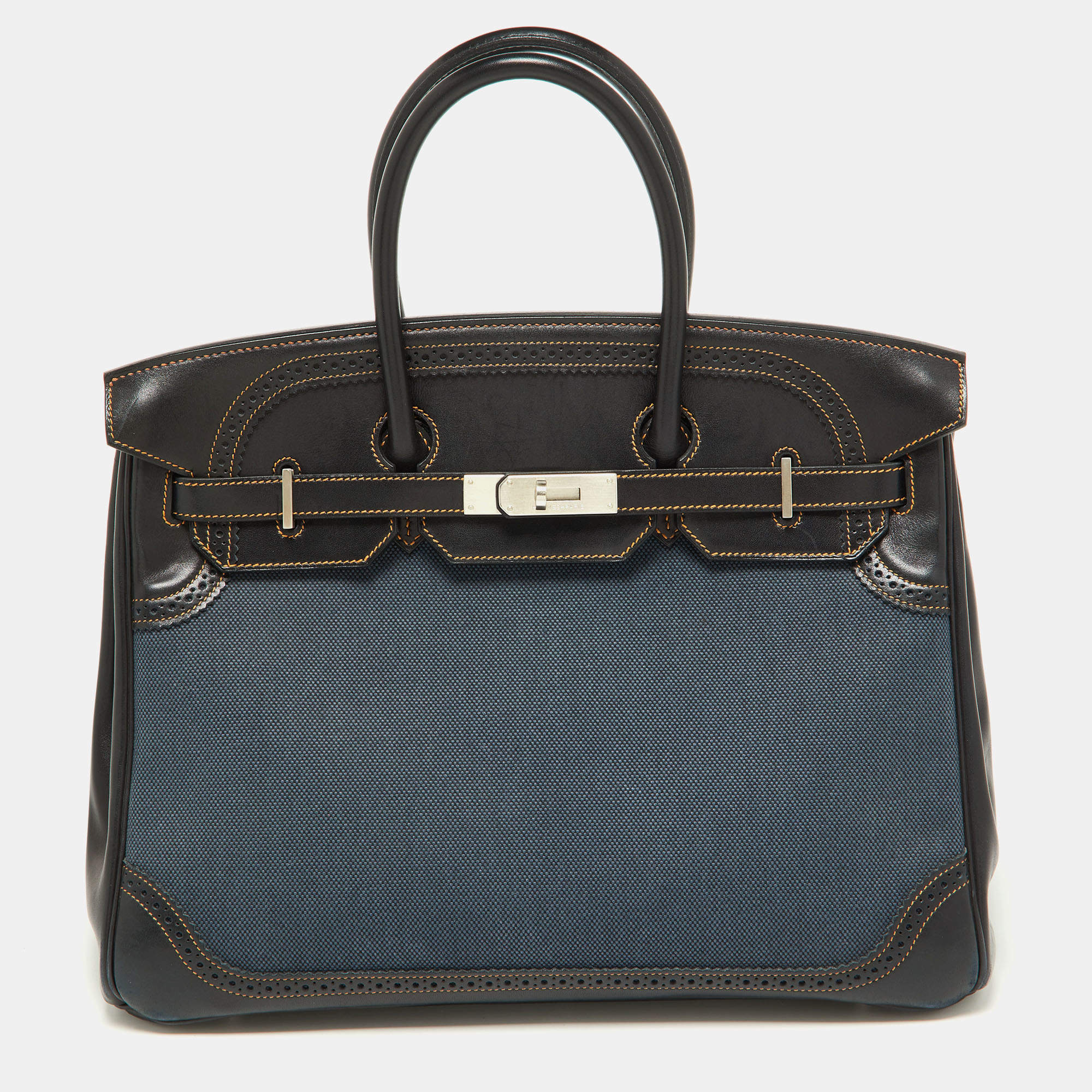 Hermes Black Denim Fonce Toile/Evercalf Leather Palladium Finish Birkin 35 Ghillies Bag