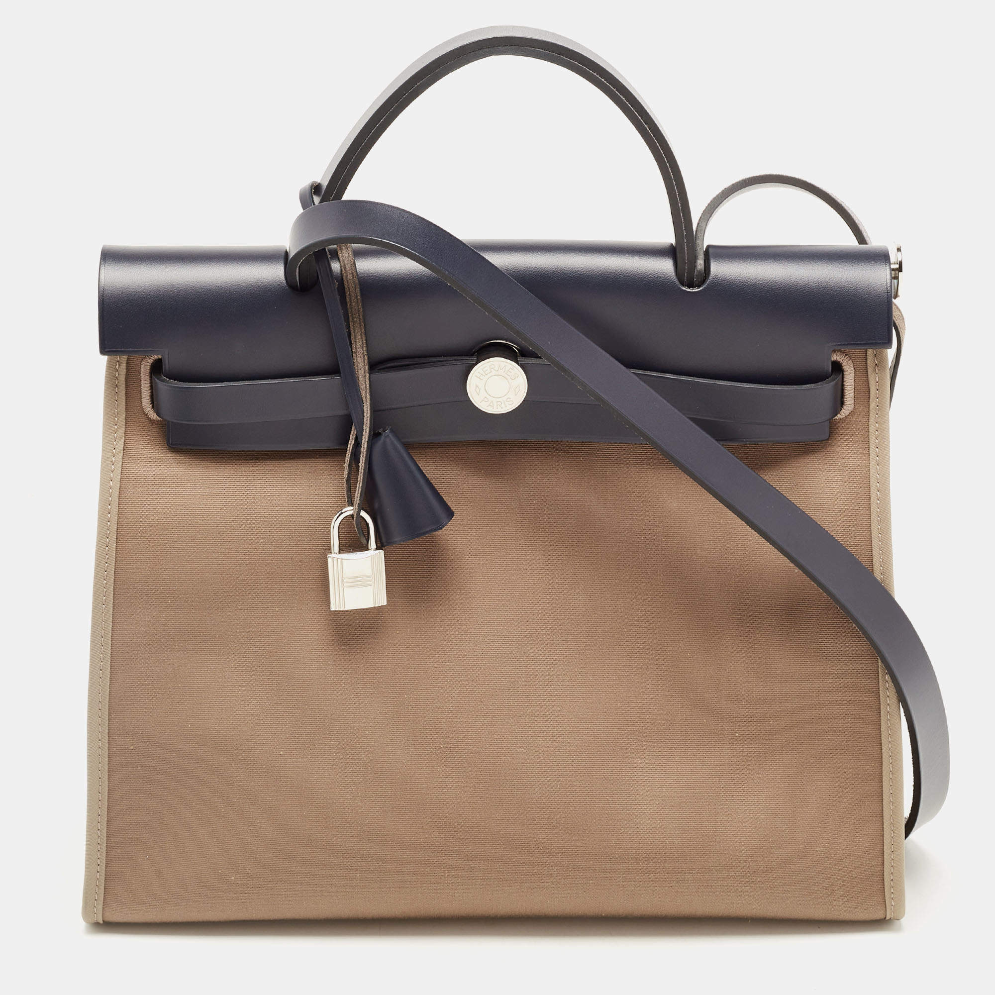 مملوكة مسبقًا Hermes Vache Hunter/Toile Bleu Indigo/Etoupe Canvas and Leather Herbag Zip 31 Bag