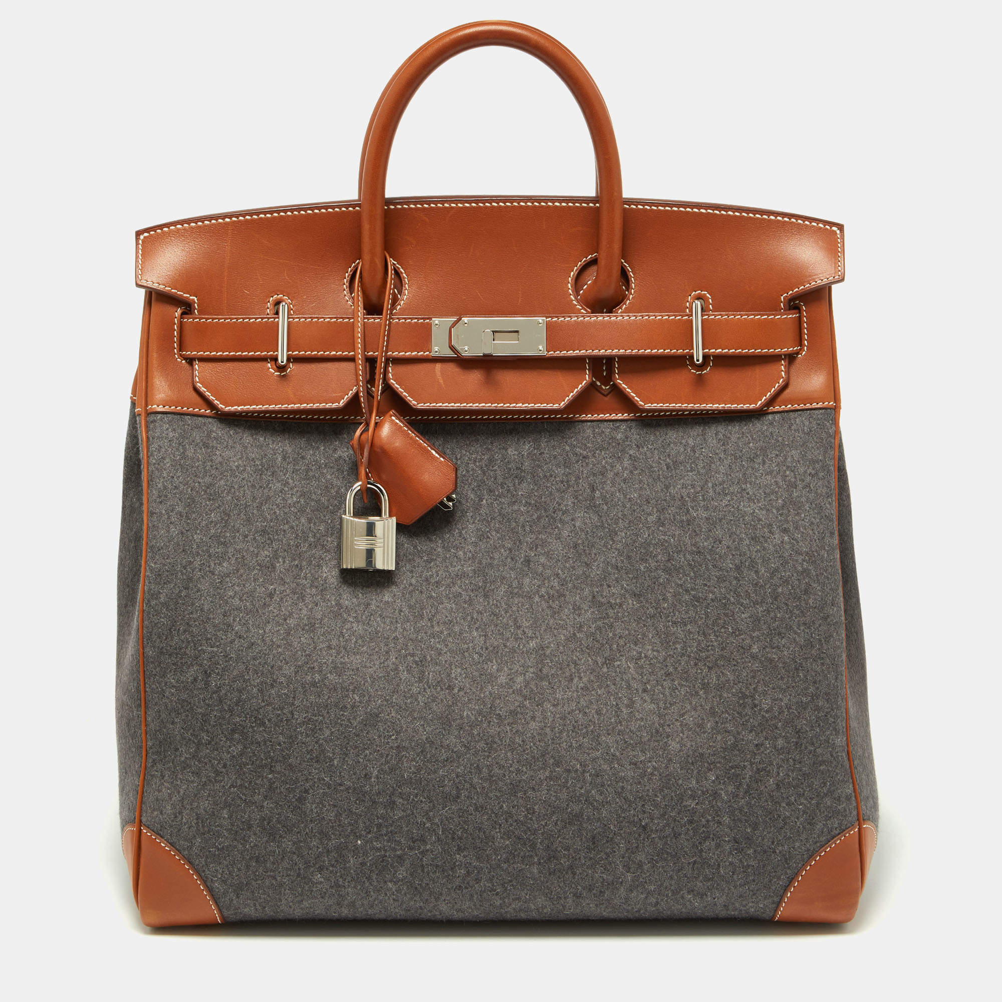 Pre Owned Hermes Gris Moyen/Fauve Wool and Barenia Leather Palladium Finish HAC Birkin 40 Bag