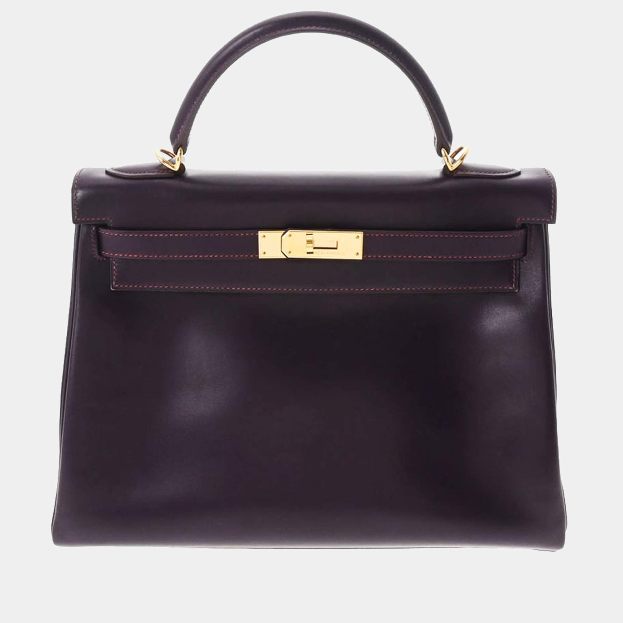 HERMES Kelly 28 Shoulder Handbag Raisin Purple Box Calfskin Leather