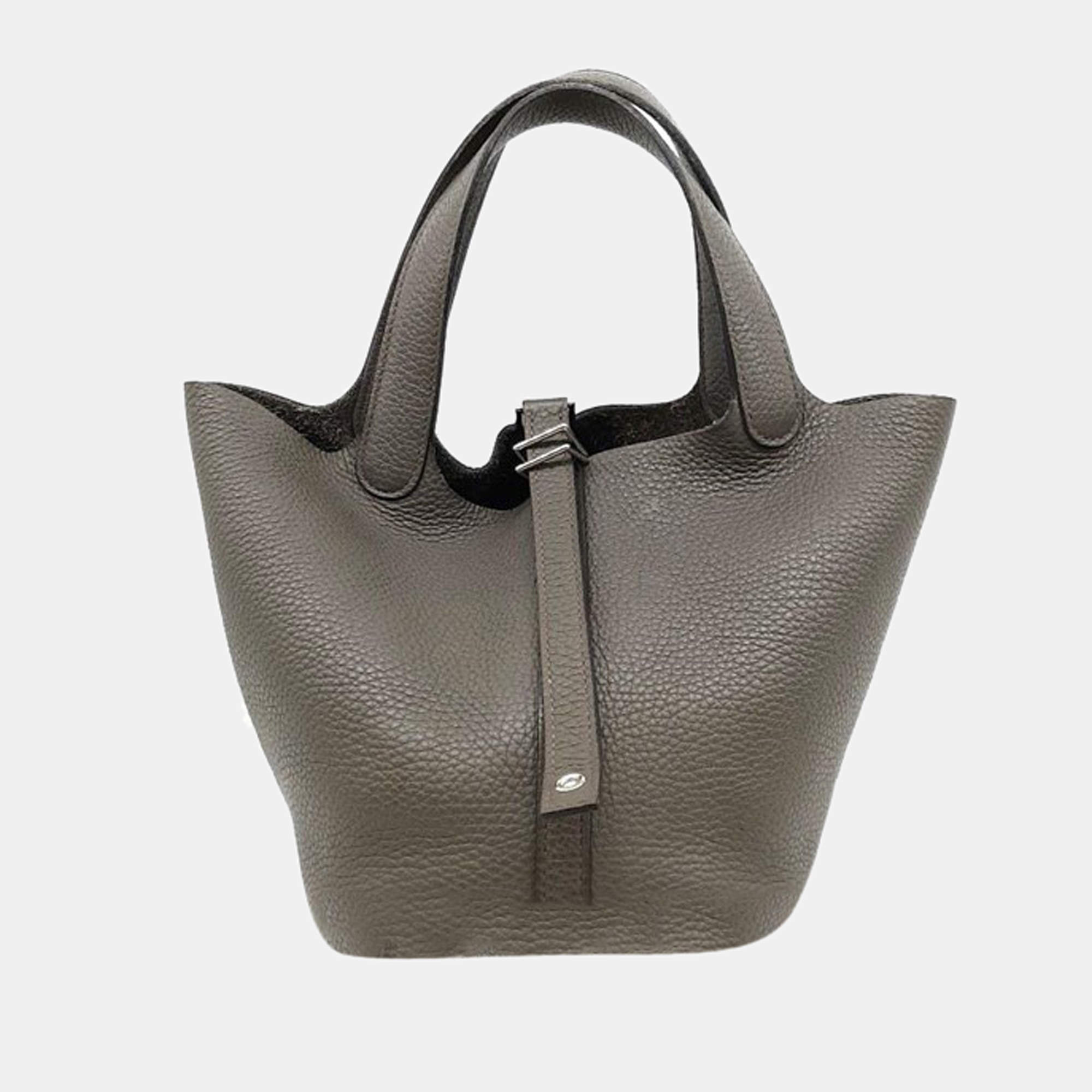 HERMES Picotin 26 GM Etoupe Grey Clemence Leather Lock Tote