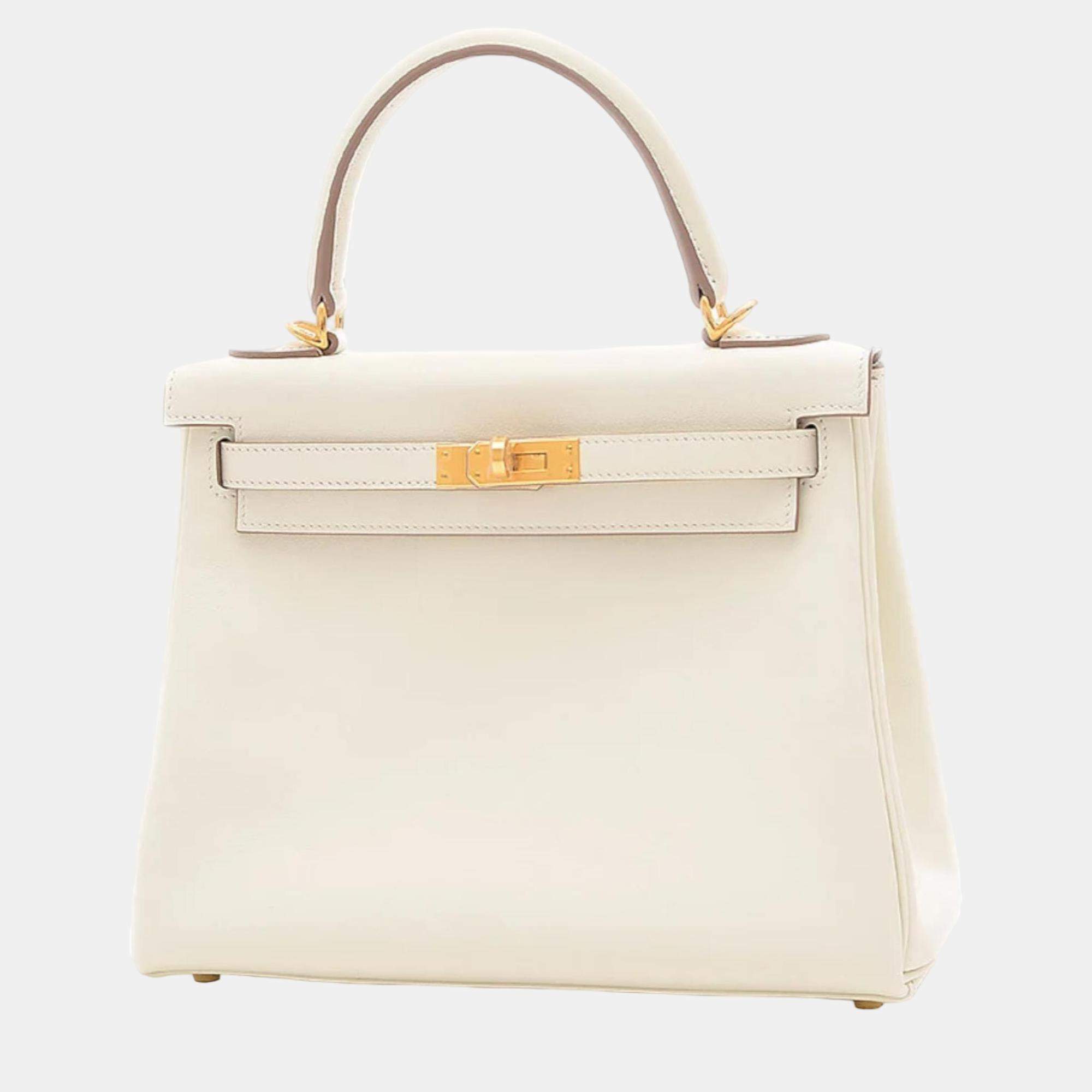 Hermès Kelly Mushroom Swift 25 Gold Hardware 2022 (Like New), White Womens Handbag