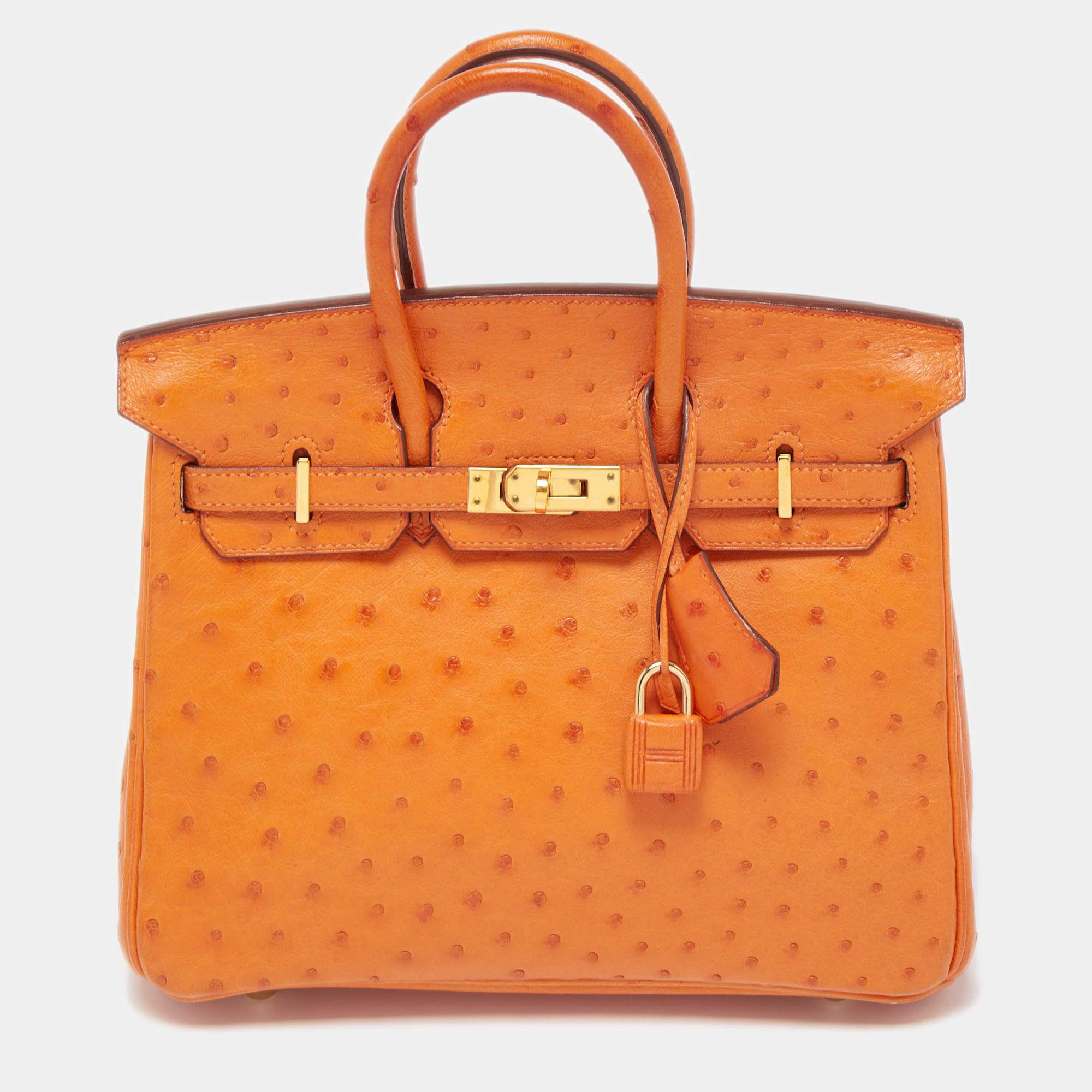 Pre Owned Hermes Orange Ostrich Gold Finish Birkin 25 Bag