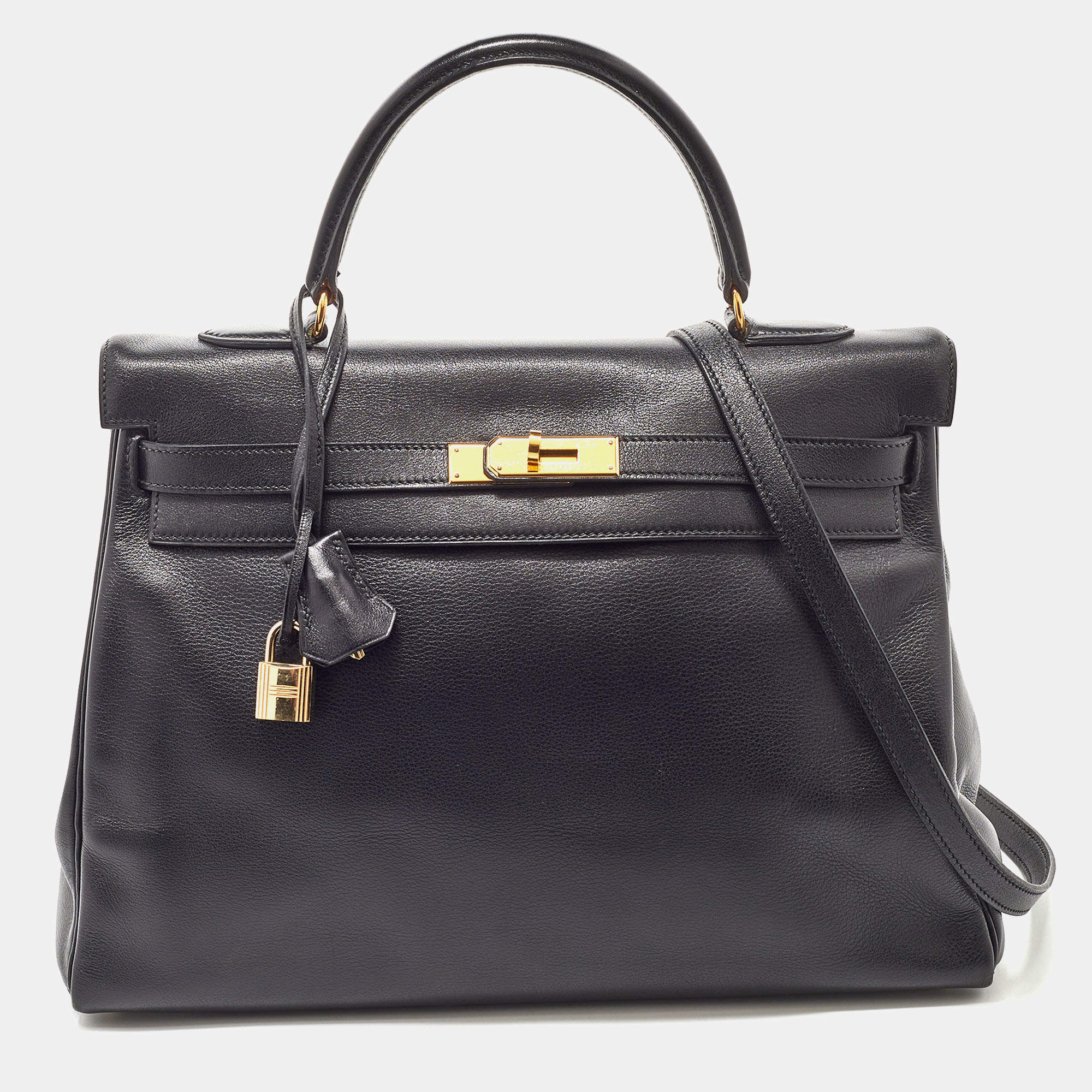 Hermes Black Gulliver Leather Gold Finish Kelly 35 Bag