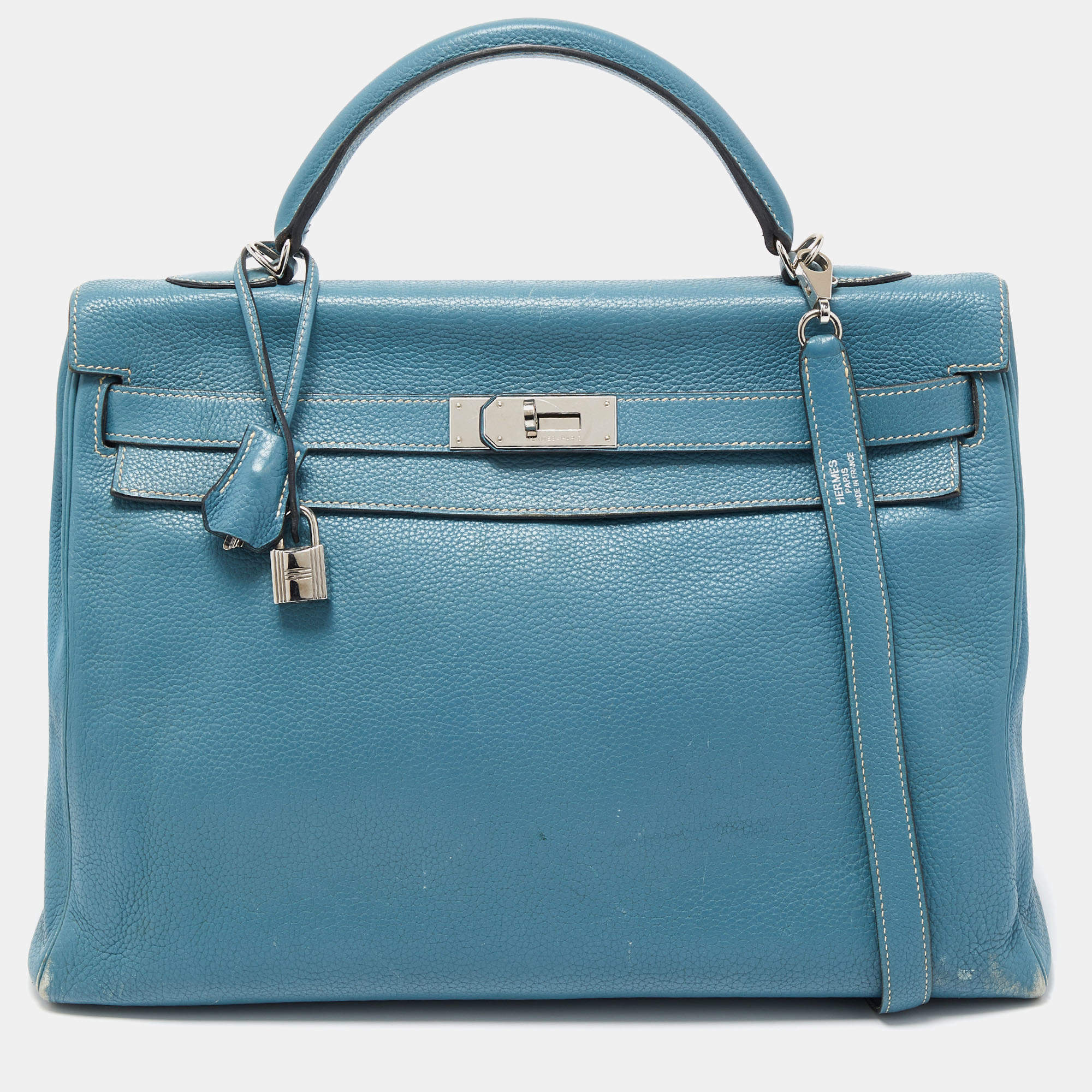 Hermes Kelly 25 Blue Jean Veau Togo Leather Palladium Plated Y Stamp