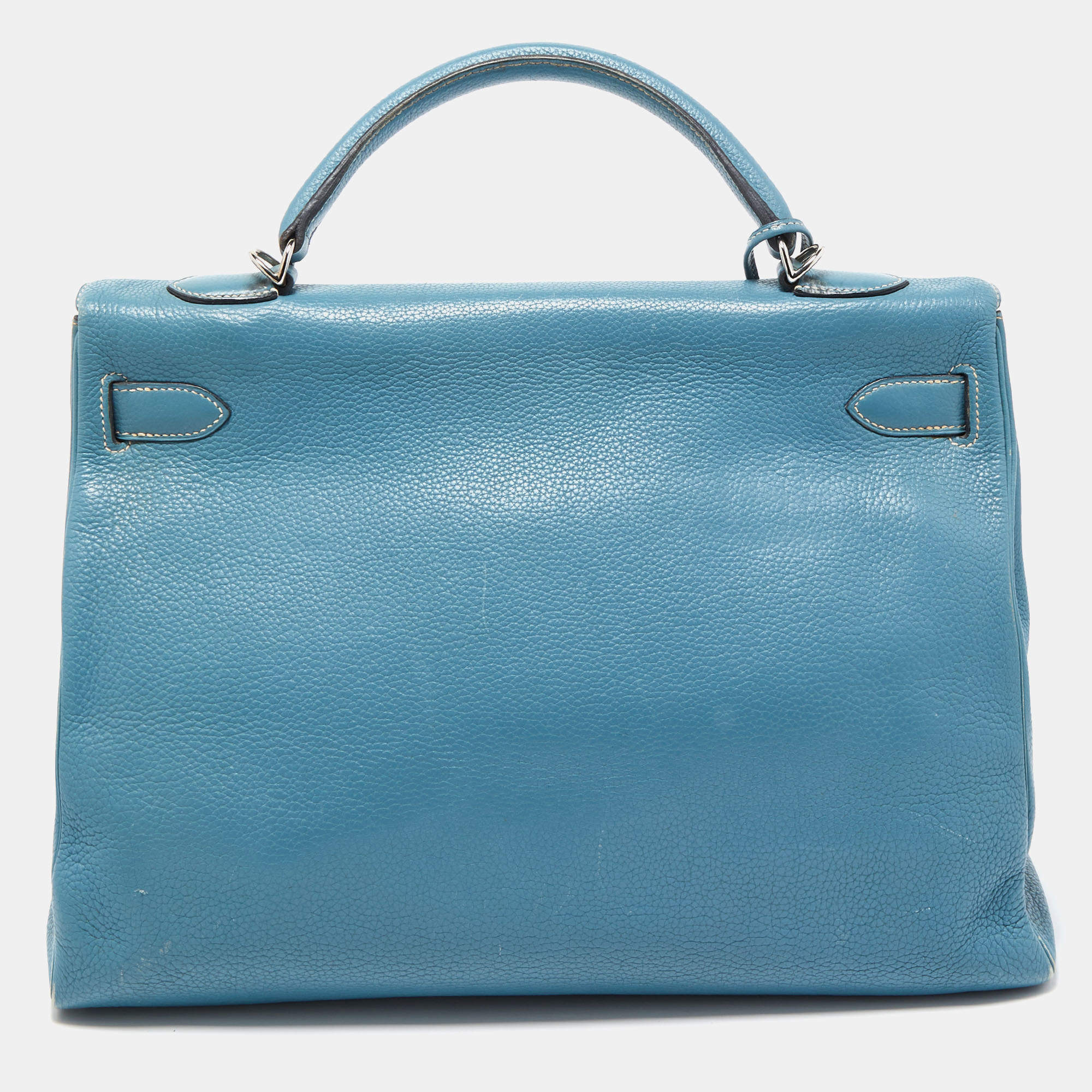 Hermes Kelly 25 Blue Jean Veau Togo Leather Palladium Plated Y Stamp