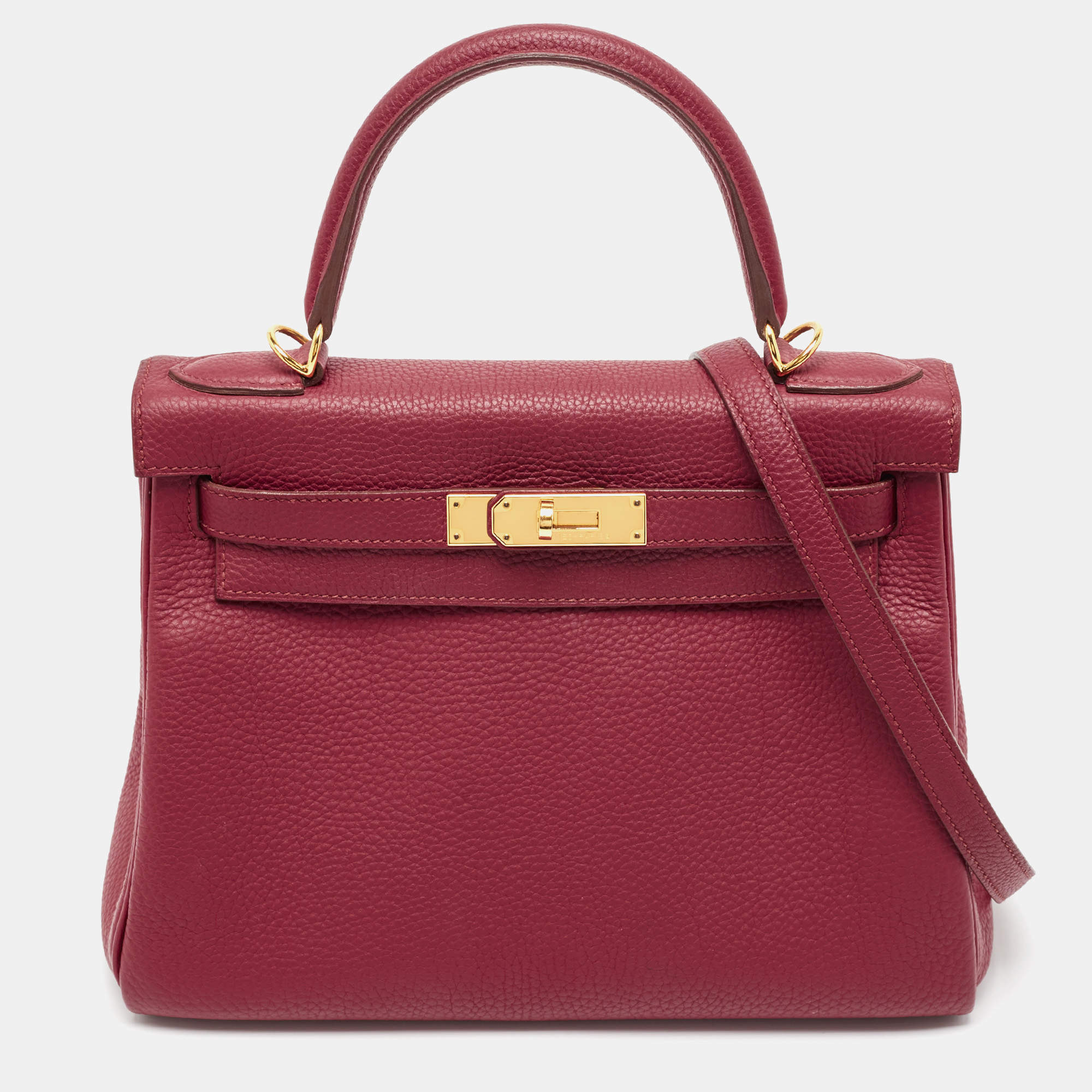 Hermes Rouge Grenat Togo Leather Gold Finish Kelly Retourne 28 Bag