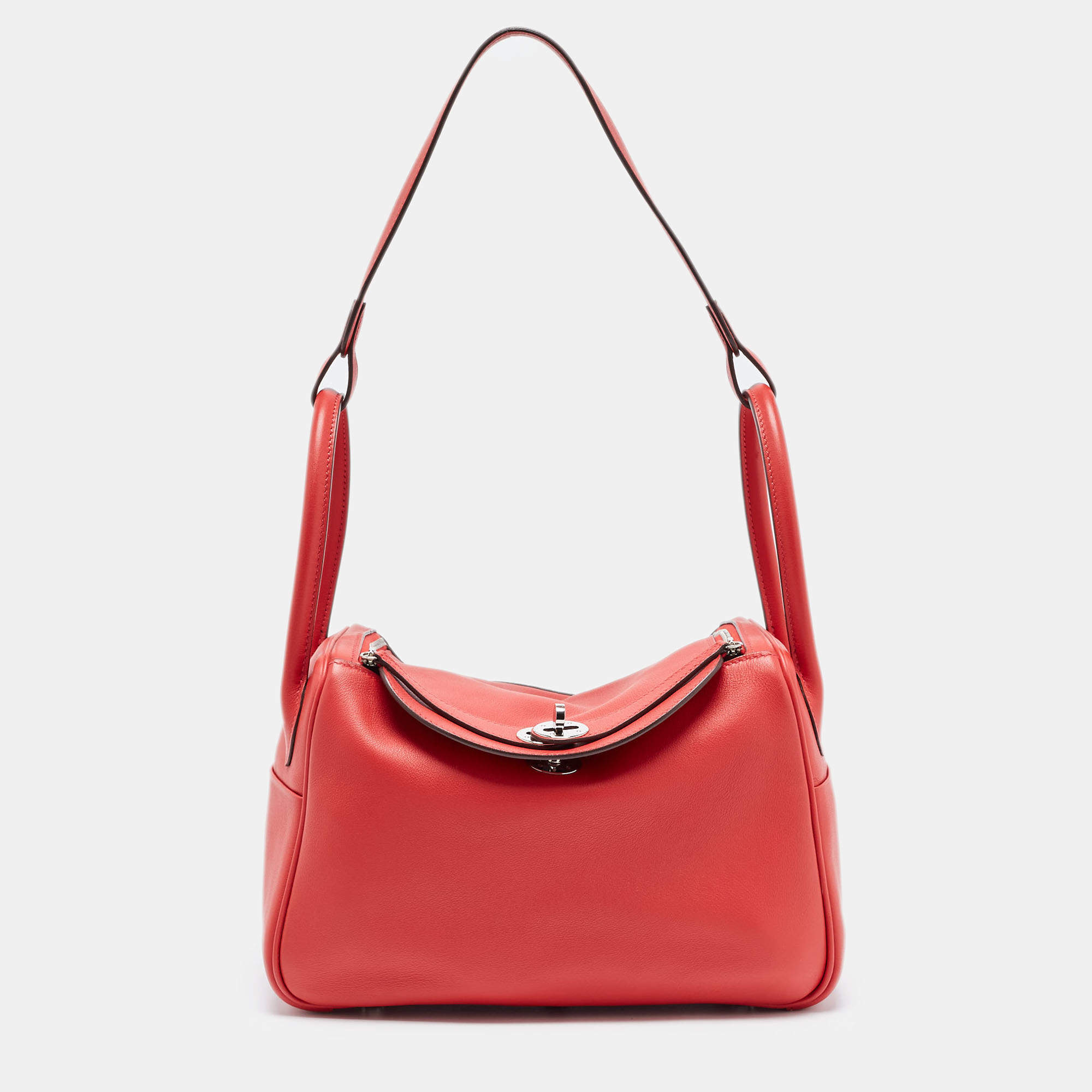 Hermes Rouge Casaque Swift Leather Palladium Finish Lindy 26 Bag
