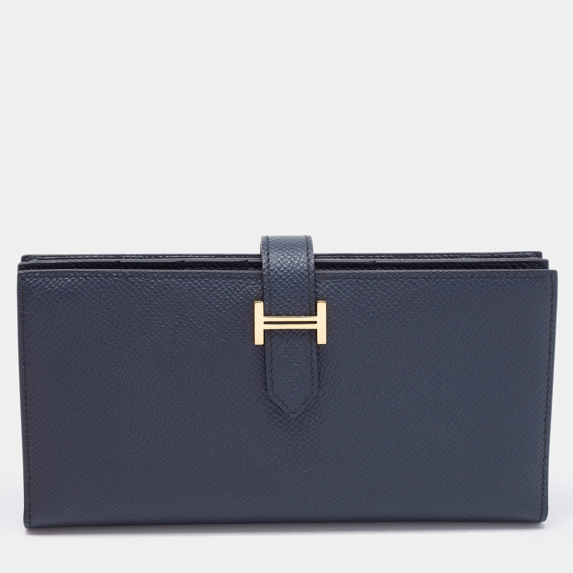 Hermes Bleu Indigo Epsom Leather Gold Finish Bearn Wallet